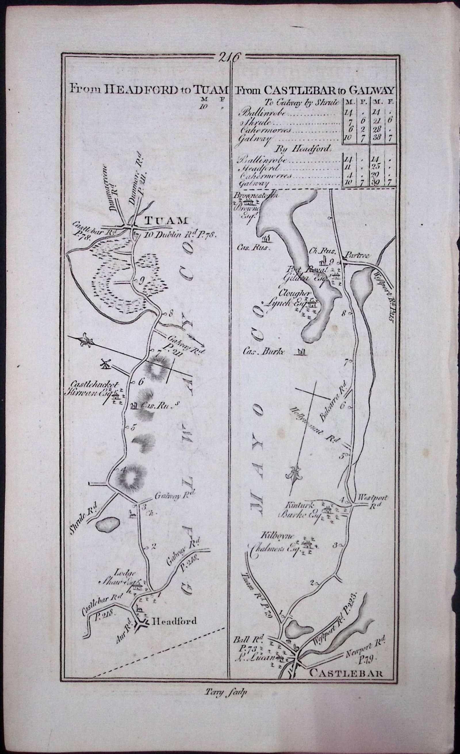 Ireland 245 Years -Old Antique Road Map Tuam, Castlebar, Galway-216: Title: Ireland 245 Years -Old Antique Road Map Tuam, Castlebar, Galway-216 Description: This Rare Irish Road Map Has Been Removed from a First Edition Copy of. Taylor & Skinners 1777 Roads