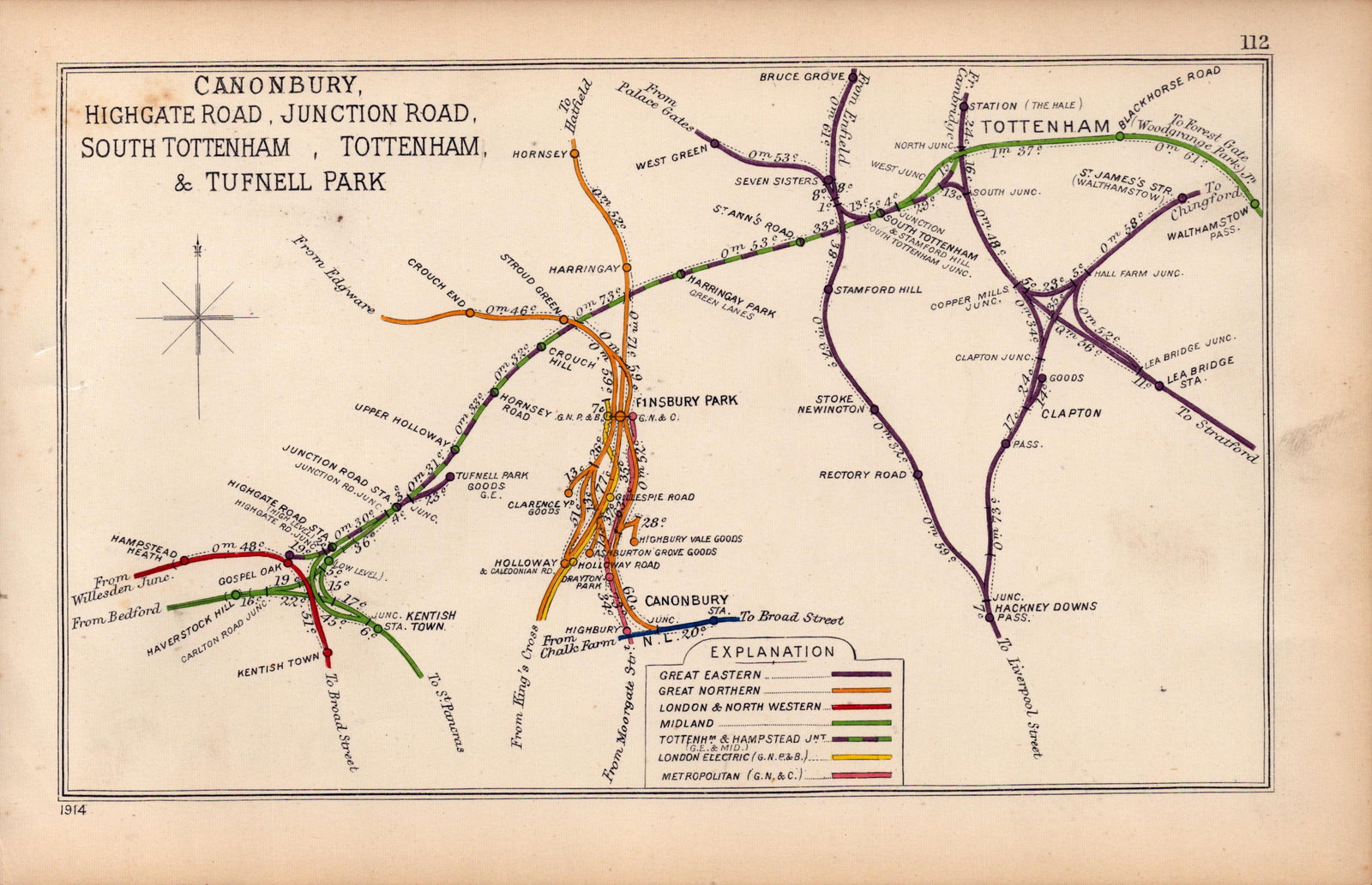 Kentish Town Finsbury Pk Tottenham London Antique Railway Diagram-112.: Title: Kentish Town Finsbury Pk Tottenham London Antique Railway Diagram-112. Description: This Antique Railway Junction Diagram Has Been Removed from a Copy of. 19
