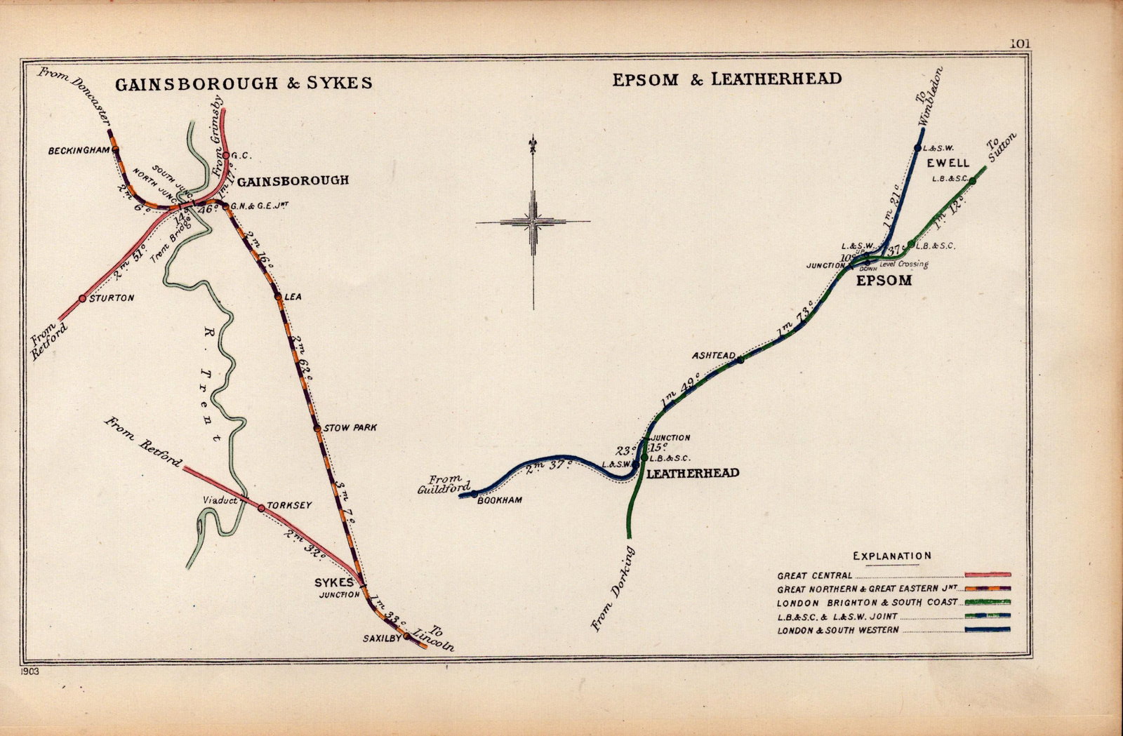 Ewell, Epsom, Leatherhead Antique Railway Junction Diagram-101. (1 of 2)