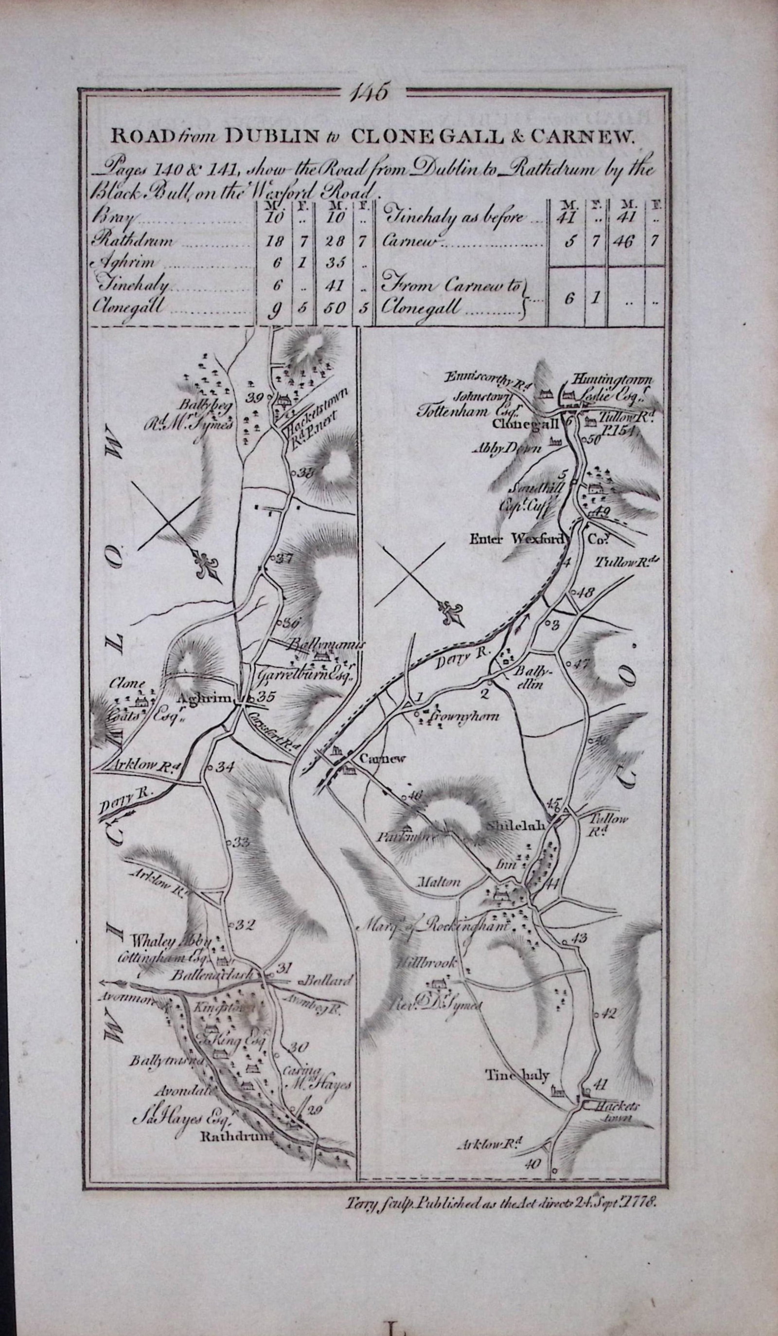 Ireland 245 Years -Old Antique Road Map Dublin To Carnew To Gorey-146 - 2