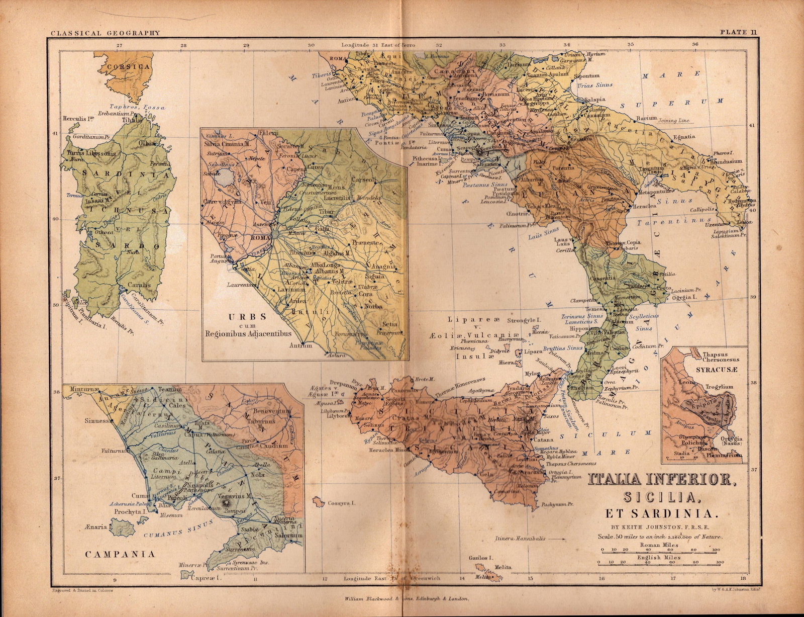 Antique 1867 Coloured Classical Geography Map Italia Sicillia.: Title: Antique 1867 Coloured Classical Geography Map Italia Sicillia. Description: This Map Has Been Removed from an Antique Edition of. AK Johnston Classical Geogr