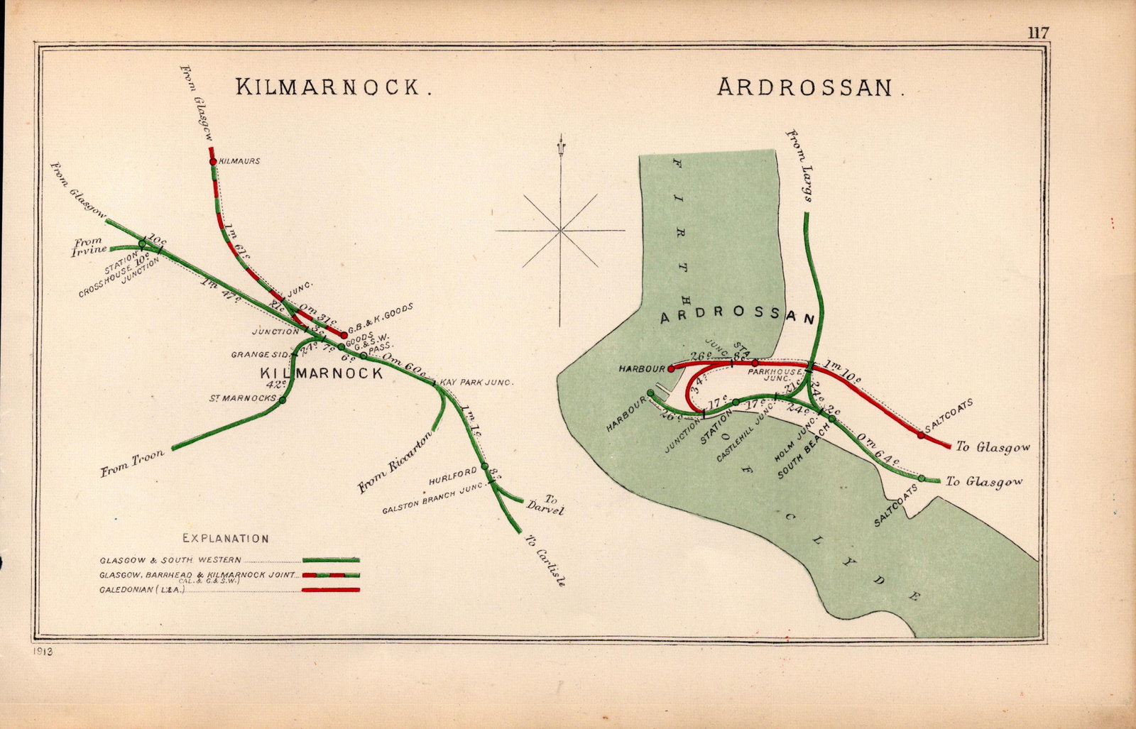 Kilmarnock & Ardrossan Scotland Antique Railway Diagram-117.: Title: Kilmarnock & Ardrossan Scotland Antique Railway Diagram-117. Description: This Antique Railway Junction Diagram Has Been Removed from a Copy of. 1920 Rai
