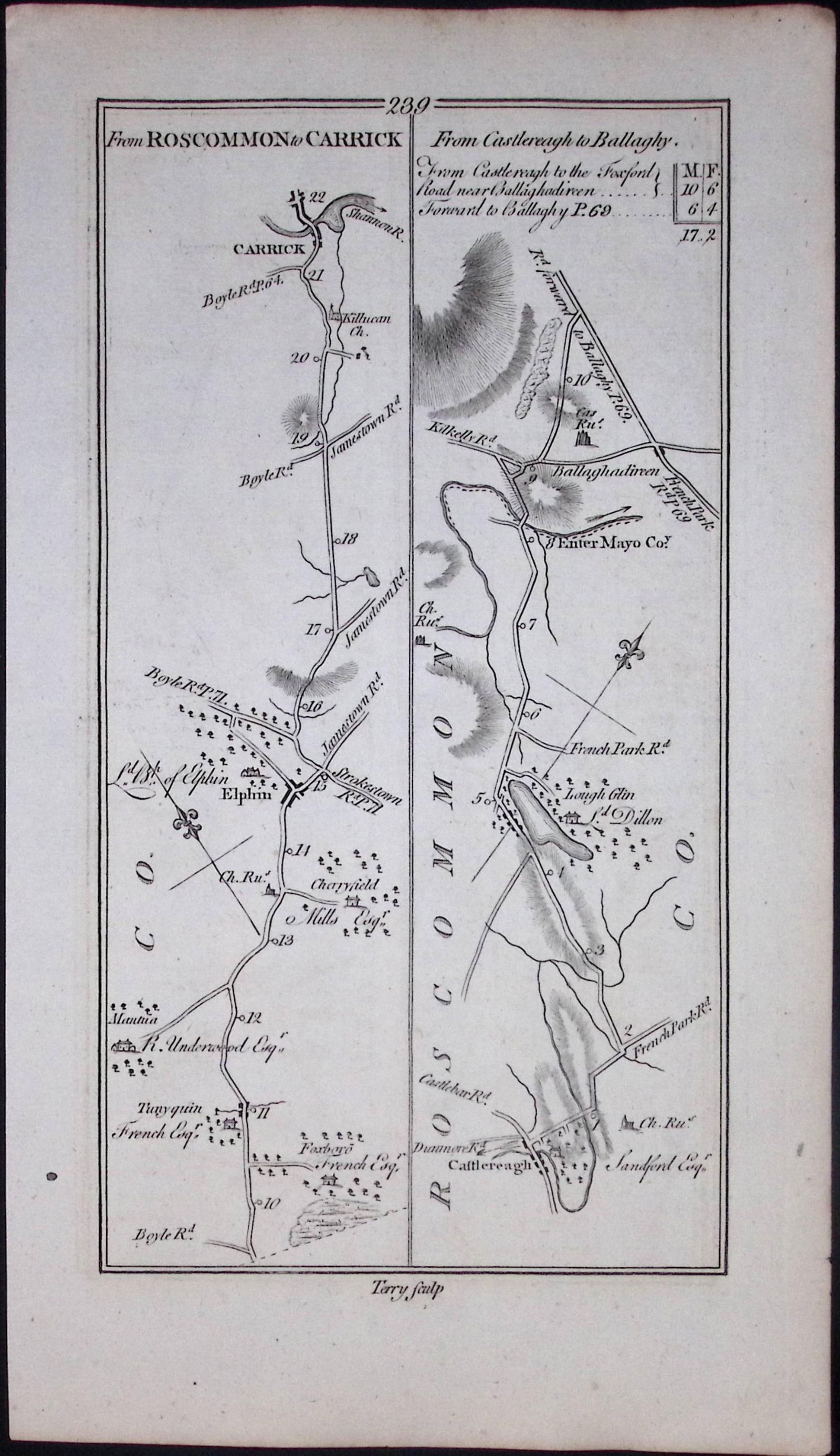 Ireland 245 Years -Old Antique Road Map From Roscommon to Carrick-240 - 2