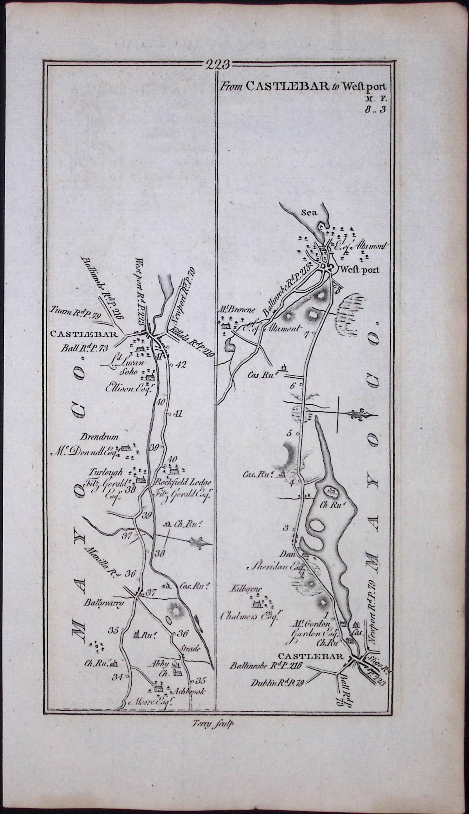 Ireland 245 Years -Old Antique Road Map Castlebar to Westport Mayo-224 - 2