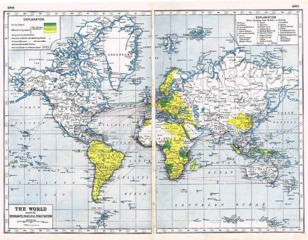 WW1 Germany Peaceful Penetration Coloured Large Antique Map 1922.: Title: WW1 Germany Peaceful Penetration Coloured Large Antique Map 1922. Description: Removed from an Antique 1922 Harmsworth New Atlas WW1 Supplement. This Single