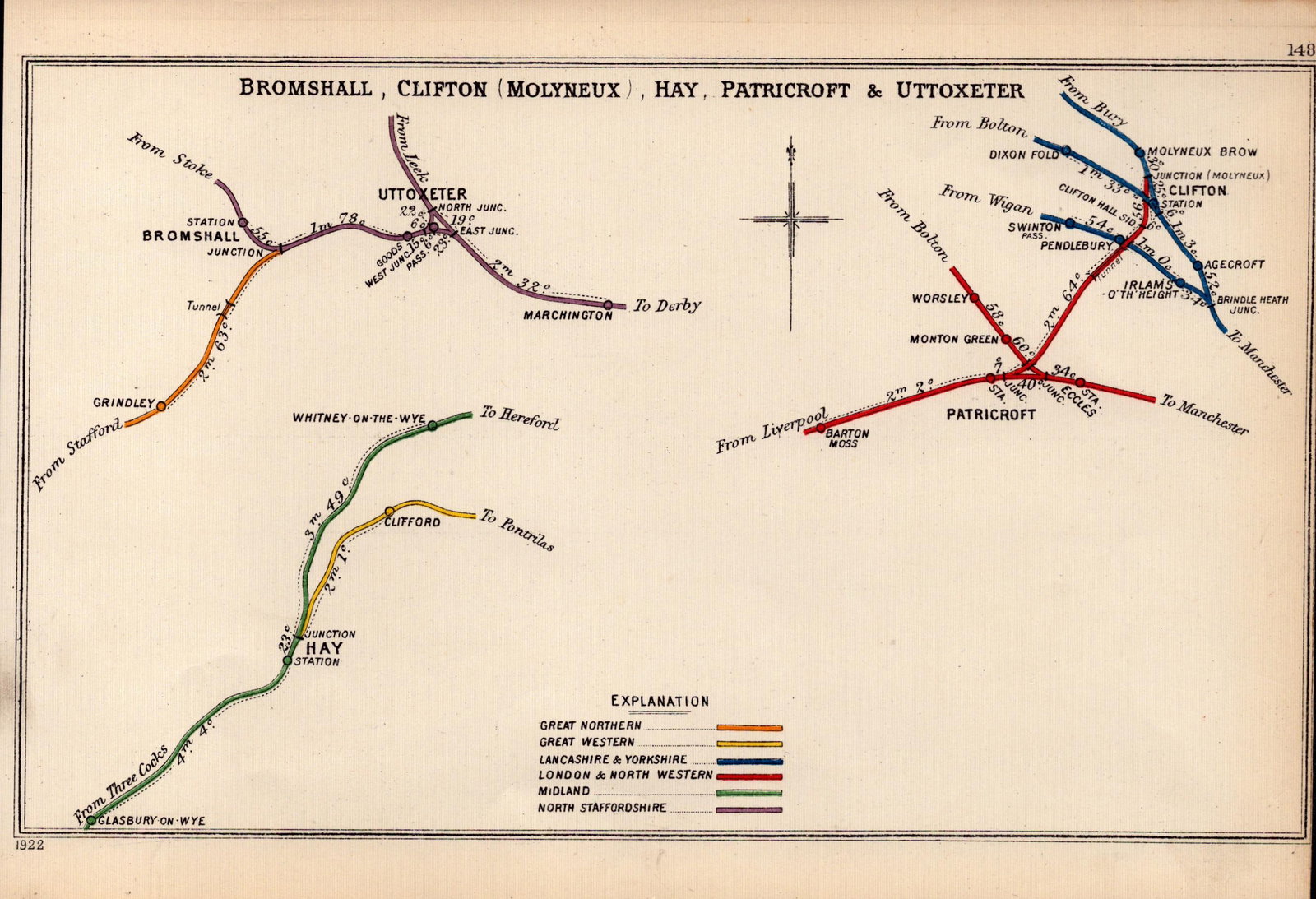 Uttoxeter, Bromshall, Hay Detailed Antique Railway Diagram-148.: Title: Uttoxeter, Bromshall, Hay Detailed Antique Railway Diagram-148. Description: This Antique Railway Junction Diagram Has Been Removed from a Copy of. 1920 Rail