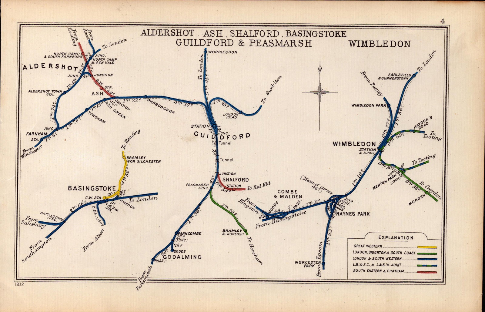 Aldershot Basingstoke Guildford Wimbledon Antique Railway Diagram-4. (1 of 2)