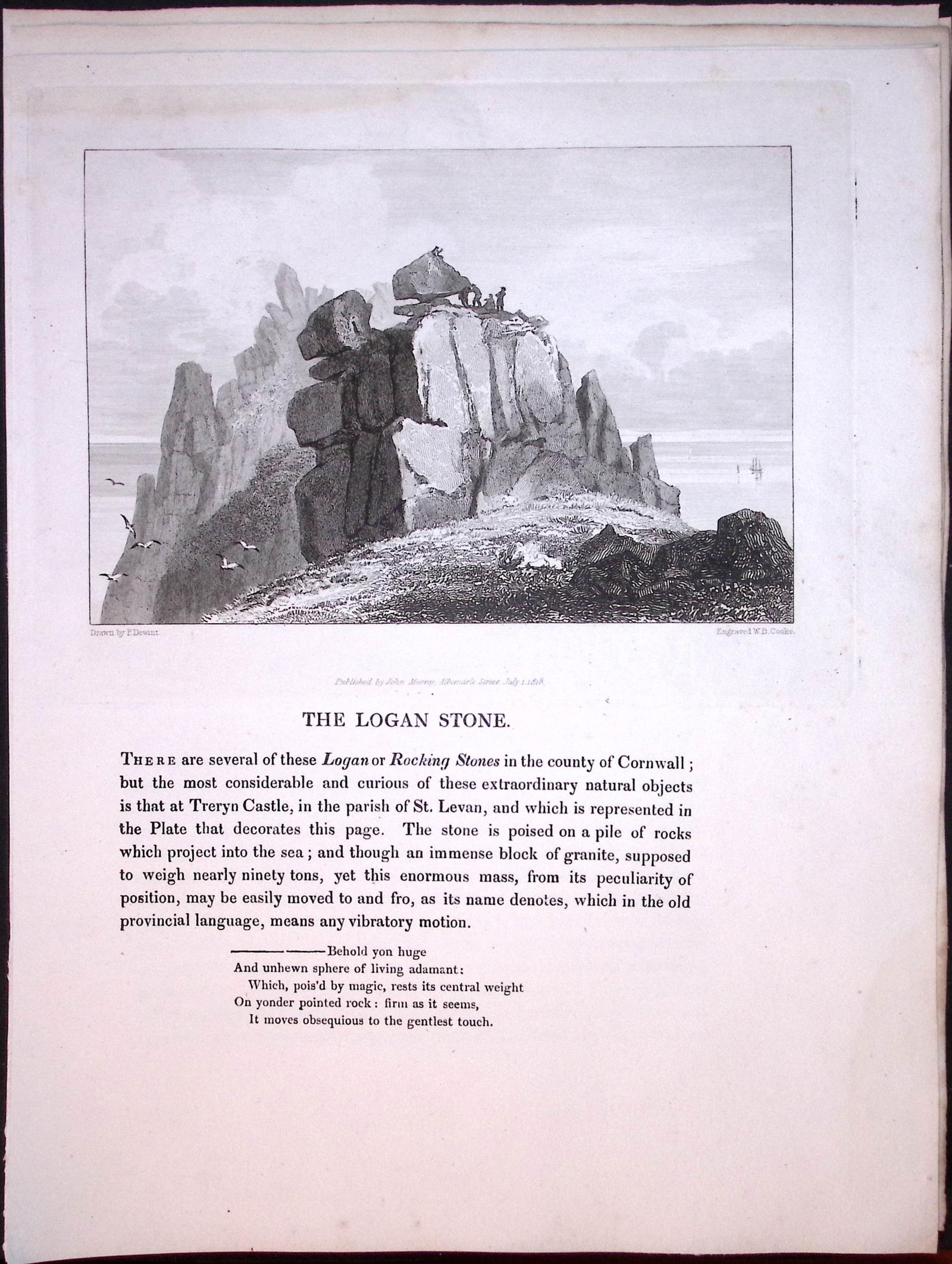 J.M.W Turner "Cornwall The Logan Stone” Views from a Southern Coast Rare Engraving-75: Title: J.M.W Turner "Cornwall The Logan Stone” Views from a Southern Coast Rare Engraving-75 Description: This Rare After J.M.W. Turner Copper Engraved Plate Was Removed from a Nearly 200