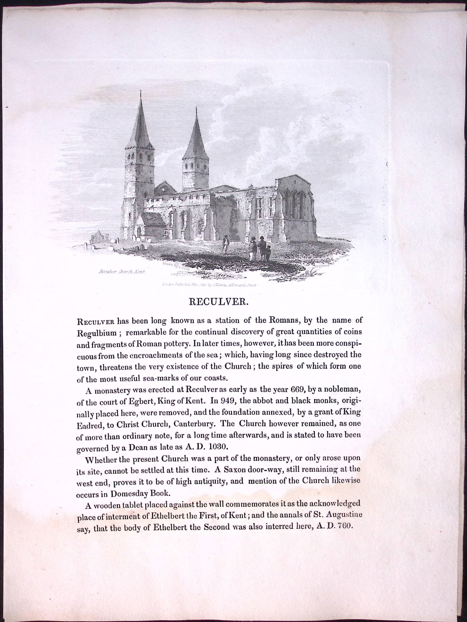 J.M.W Turner “Kent-Reculver Church” Views from a Southern Coast Rare Engraving-50: Title: J.M.W Turner “Kent-Reculver Church” Views from a Southern Coast Rare Engraving-50 Description: This Rare After J.M.W. Turner Copper Engraved Plate Was Removed from