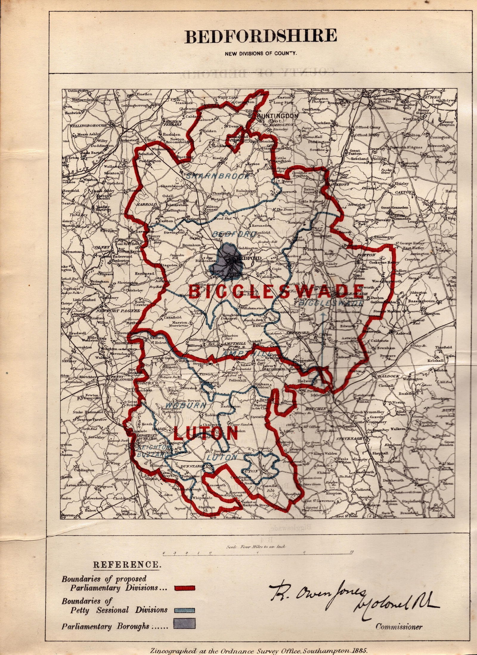 Antique 139 Years-Old Scarce Map of Bedfordshire Boundary Changes 1885.: Title: Antique 139 Years-Old Scarce Map of Bedfordshire Boundary Changes 1885. Description: Antique 139 Years-Old Scarce Map of Bedfordshire Boundary Changes 1885. Zincographed Ordnance Survey