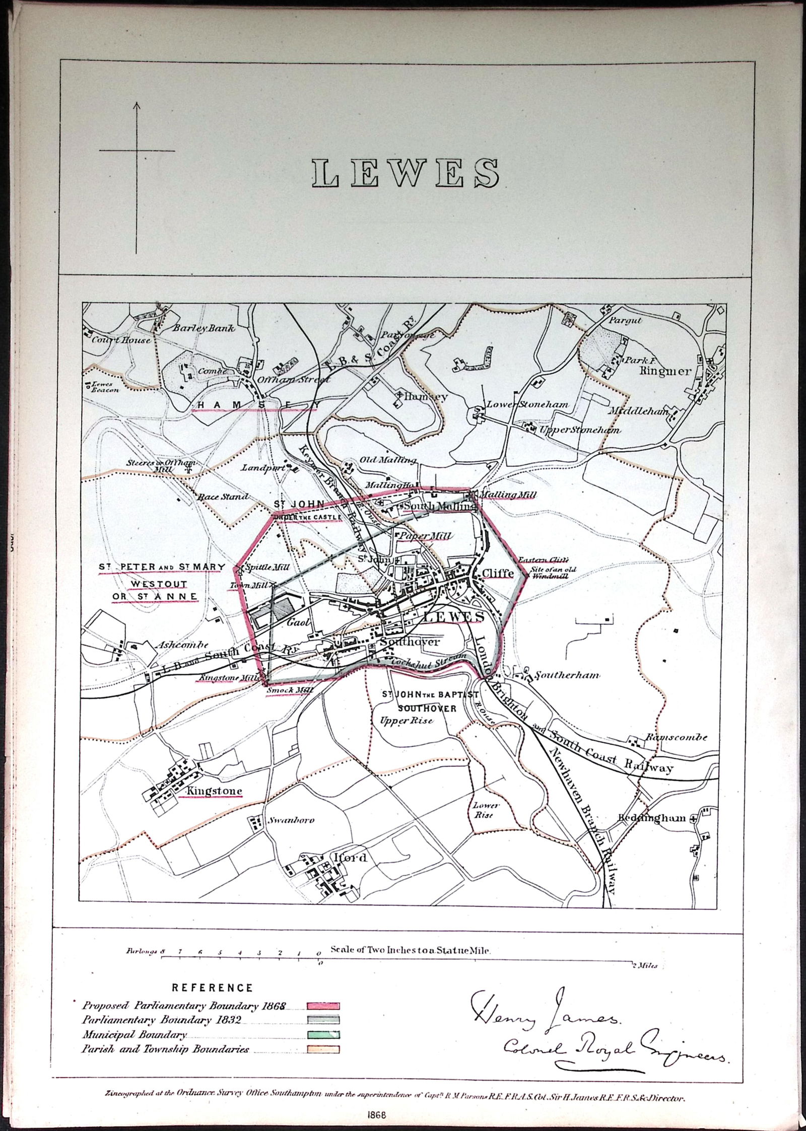 Lewes Sussex Boundary Commission 157-Year-Old Coloured Antique Map.: Title: Lewes Sussex Boundary Commission 157-Year-Old Coloured Antique Map. Description: Lewes Sussex Boundary Commission 157-Year-Old Coloured Antique Map. Original Antique Lithograph Map Taken