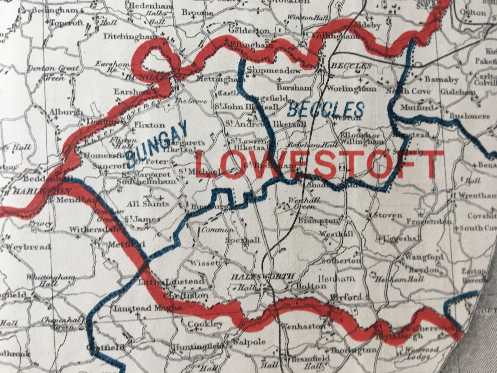 Antique 139 Years-Old Scarce Map County Suffolk 1885 Boundary Changes. - 2