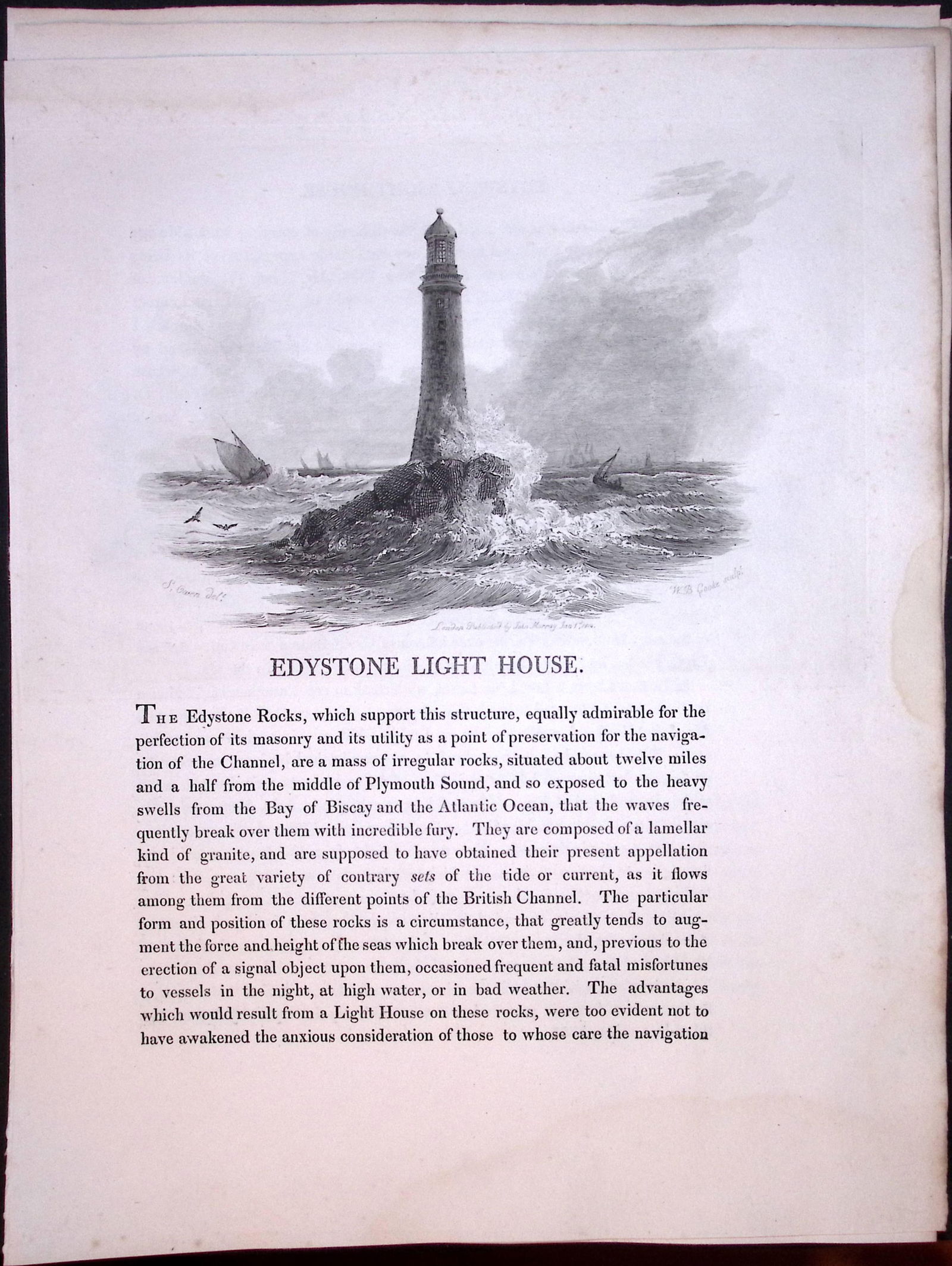 J.M.W Turner "Cornwall Edystone Light House” Views from a Southern Coast Rare Engraving-74: Title: J.M.W Turner "Cornwall Edystone Light House” Views from a Southern Coast Rare Engraving-74 Description: This Rare After J.M.W. Turner Copper Engraved Plate Was Removed