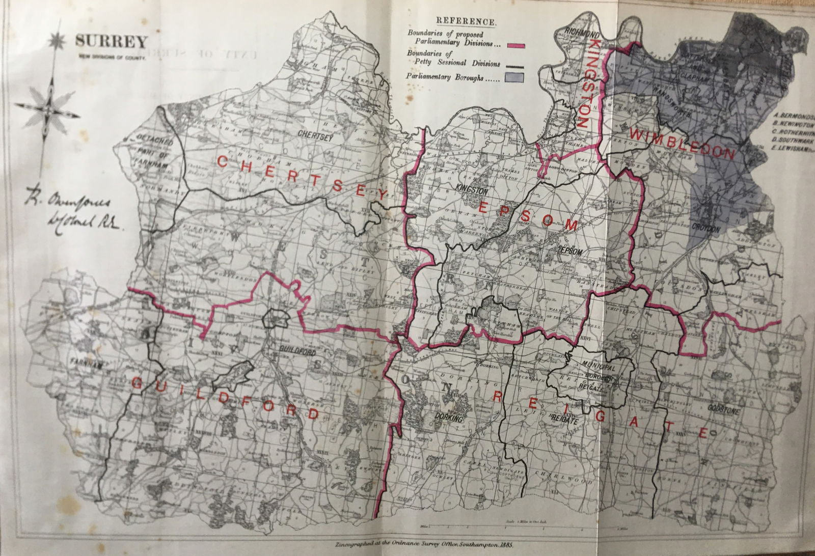 Antique 139 Years-Old Scarce Map County Surrey 1885 Boundary Changes.: Title: Antique 139 Years-Old Scarce Map County Surrey 1885 Boundary Changes. Description: Antique 139 Years-Old Scarce Map County Surrey 1885 Boundary Changes. Zincographed Ordnance Survey Map