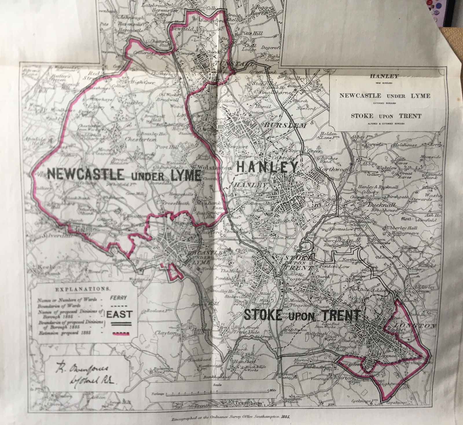 Antique 139 Years-Old Scarce Map Stoke On Trent 1885 Boundary Changes.: Title: Antique 139 Years-Old Scarce Map Stoke On Trent 1885 Boundary Changes. Description: Antique 139 Years-Old Scarce Map Stoke On Trent 1885 Boundary Changes. Zincographed Ordnance Survey
