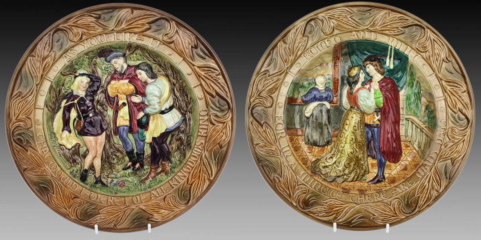 Pair of Beswick William Shakespeare Relief Chargers: Title: Pair of Beswick William Shakespeare Relief Chargers Description: Pair of Beswick Shakespearean Relief Chargers – "As You Like It" & "Romeo and Juliet" A fine pair of vintage