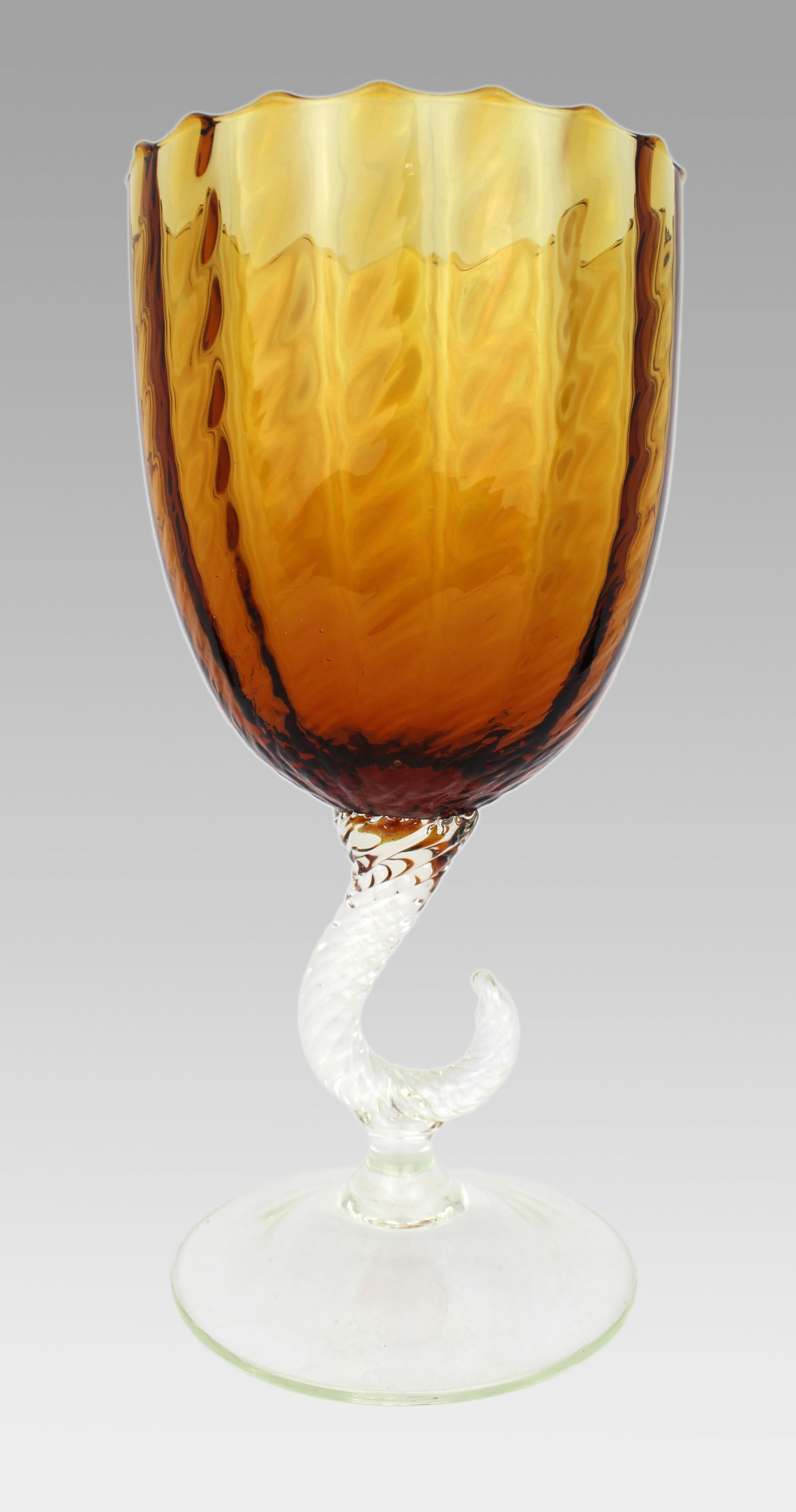 Vintage Mid-20th Century Murano-Style Amber Glass Goblet: Title: Vintage Mid-20th Century Murano-Style Amber Glass Goblet Description: Vintage Mid-20th Century Murano-Style Amber Glass Goblet Hand-blown amber glass bowl with ribbed and wavy form, raised