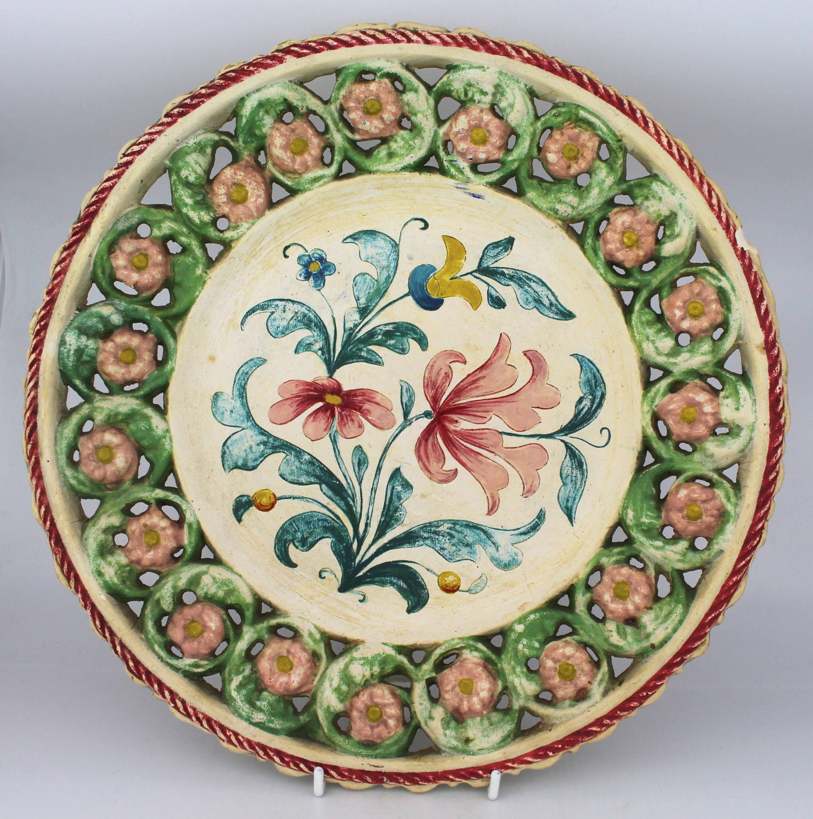 Large Hand Painted Continetal Ceramic Charger: Title: Large Hand Painted Continetal Ceramic Charger Description: Large Hand Painted Continetal Ceramic Charger. Width: 35 cm. Good condition; chip to rim Condition: Used Delivery option: