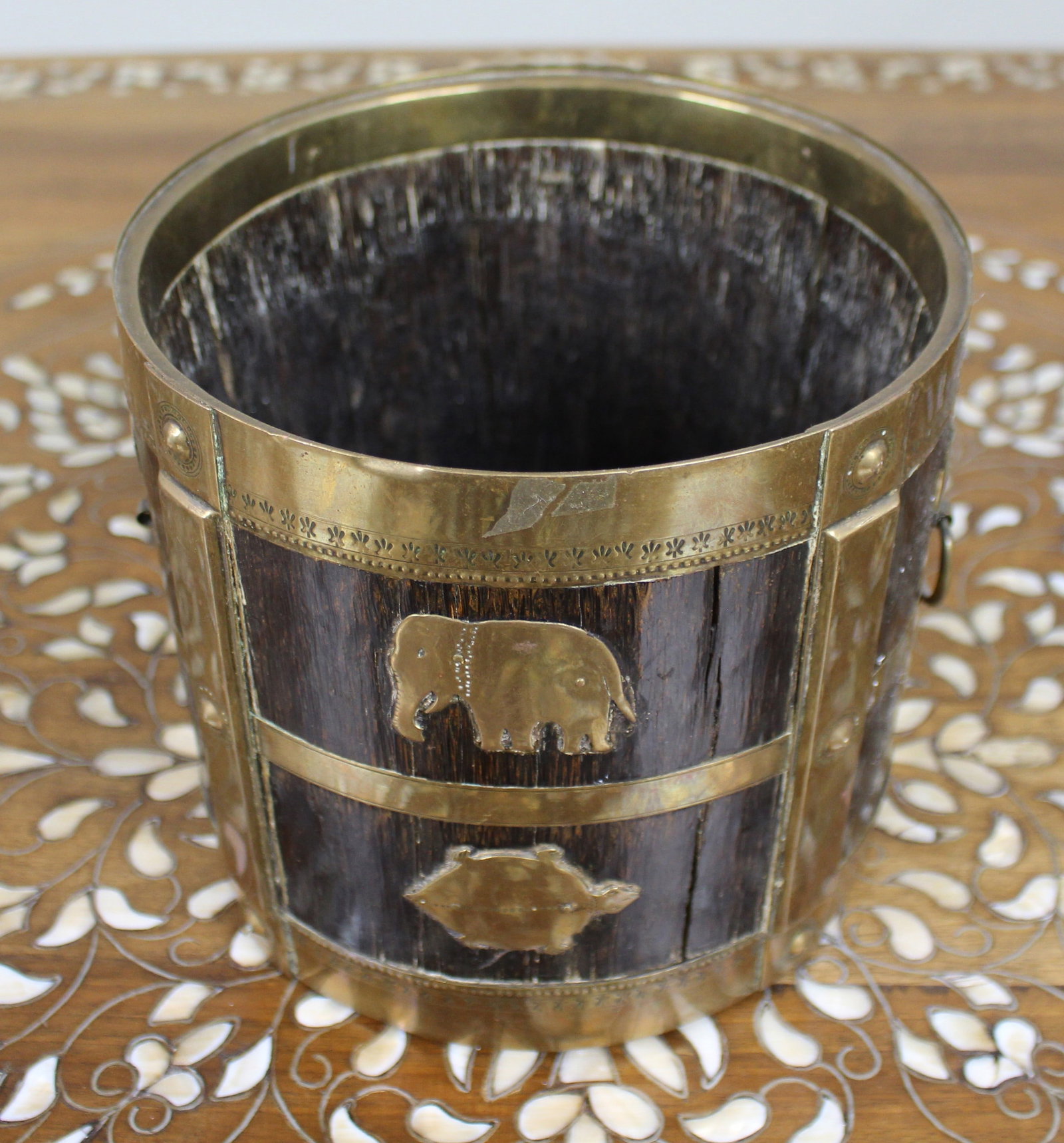 Early 20th Century Indian Brass-Mounted Wooden Bucket with Zodiac Animal Motifs - 2