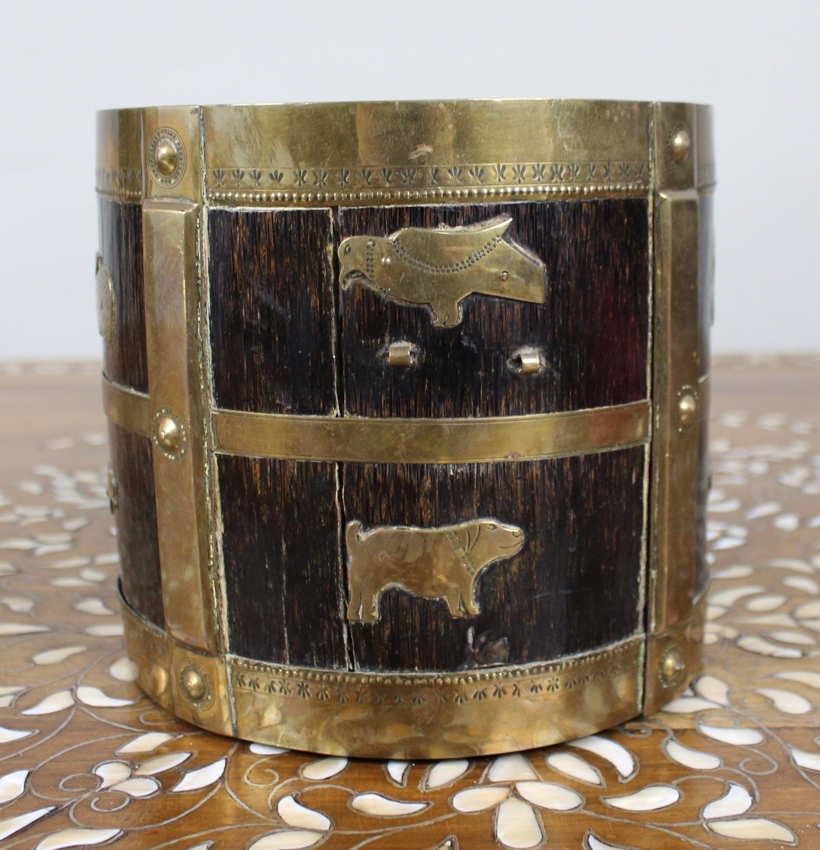 Early 20th Century Indian Brass-Mounted Wooden Bucket with Zodiac Animal Motifs - 5