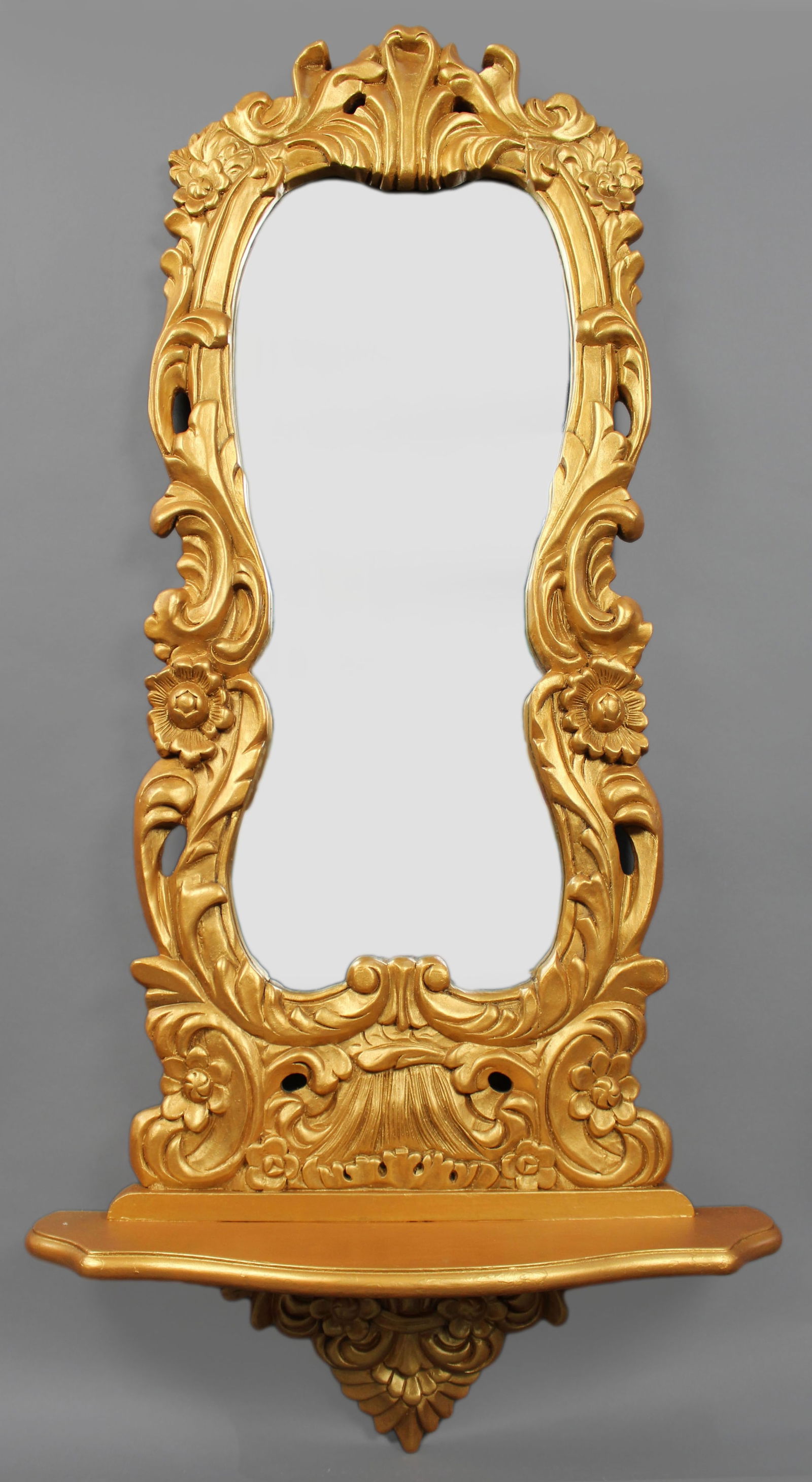Louis XV Style Carved Giltwood Wall Mirror with Bracket Shelf: Title: Louis XV Style Carved Giltwood Wall Mirror with Bracket Shelf Description: Louis XV Style Carved Giltwood Wall Mirror with Bracket Shelf A decorative Louis XV style wall mirror with