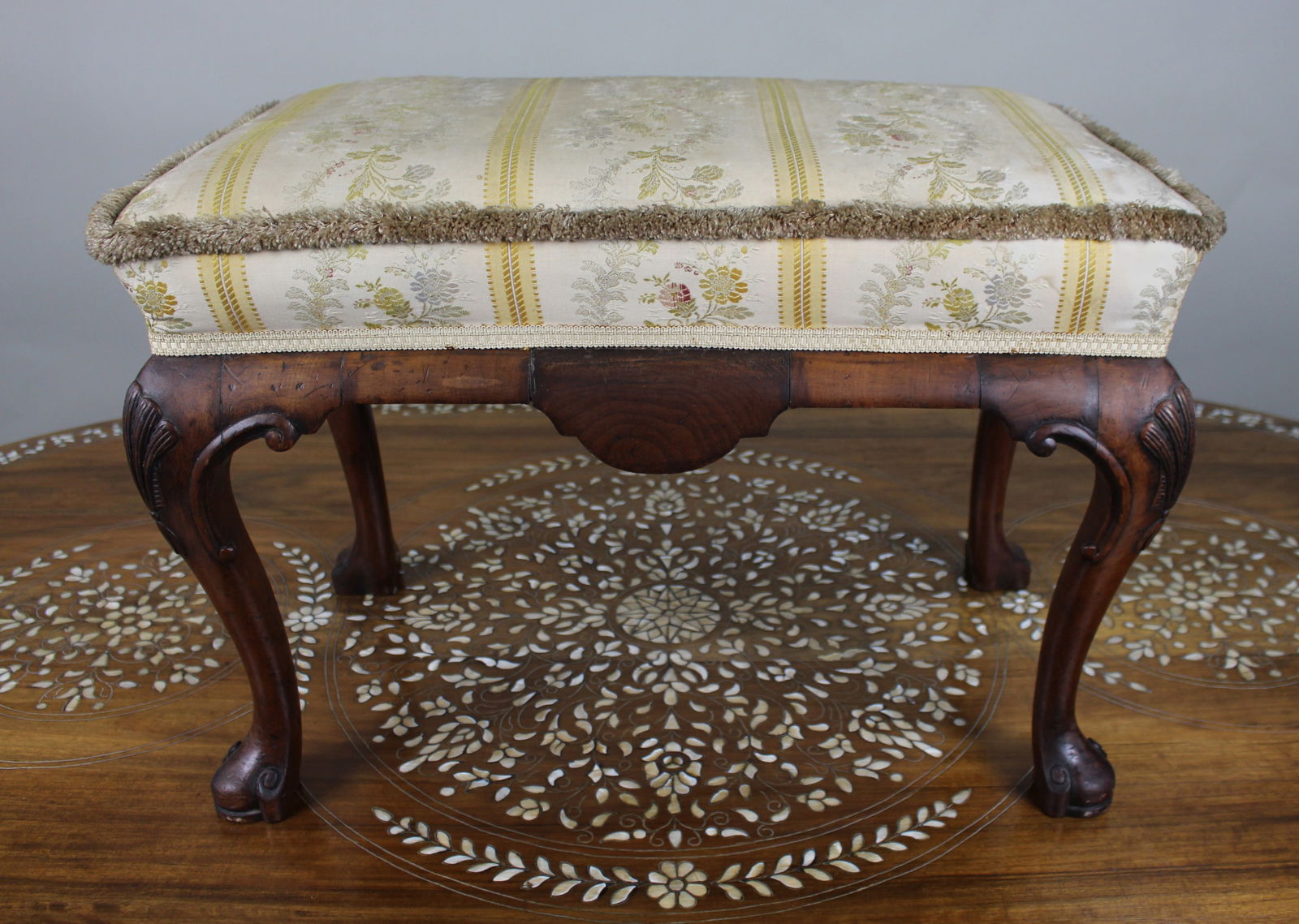 Carved Walnut Upholstered Footstool c.1930 (1 of 12)