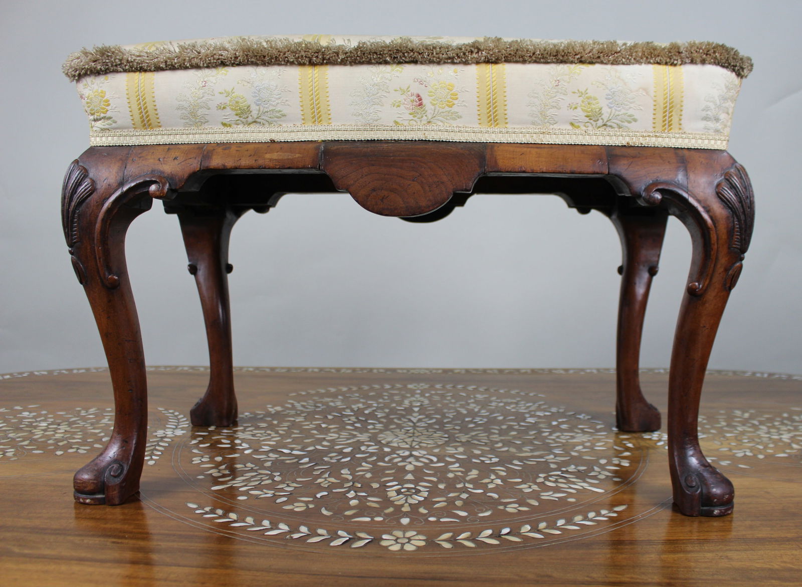 Carved Walnut Upholstered Footstool c.1930 - 3