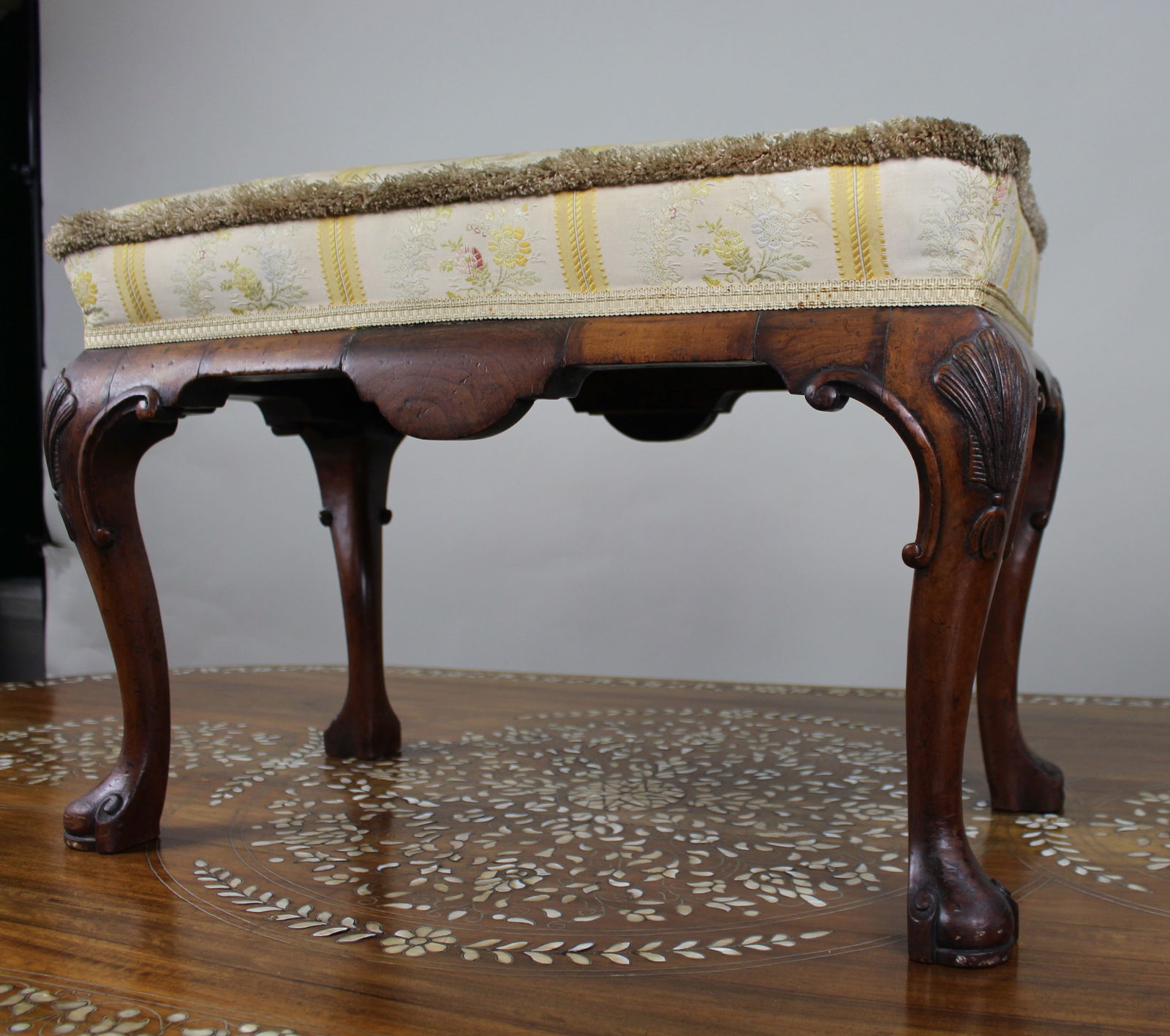 Carved Walnut Upholstered Footstool c.1930 - 4