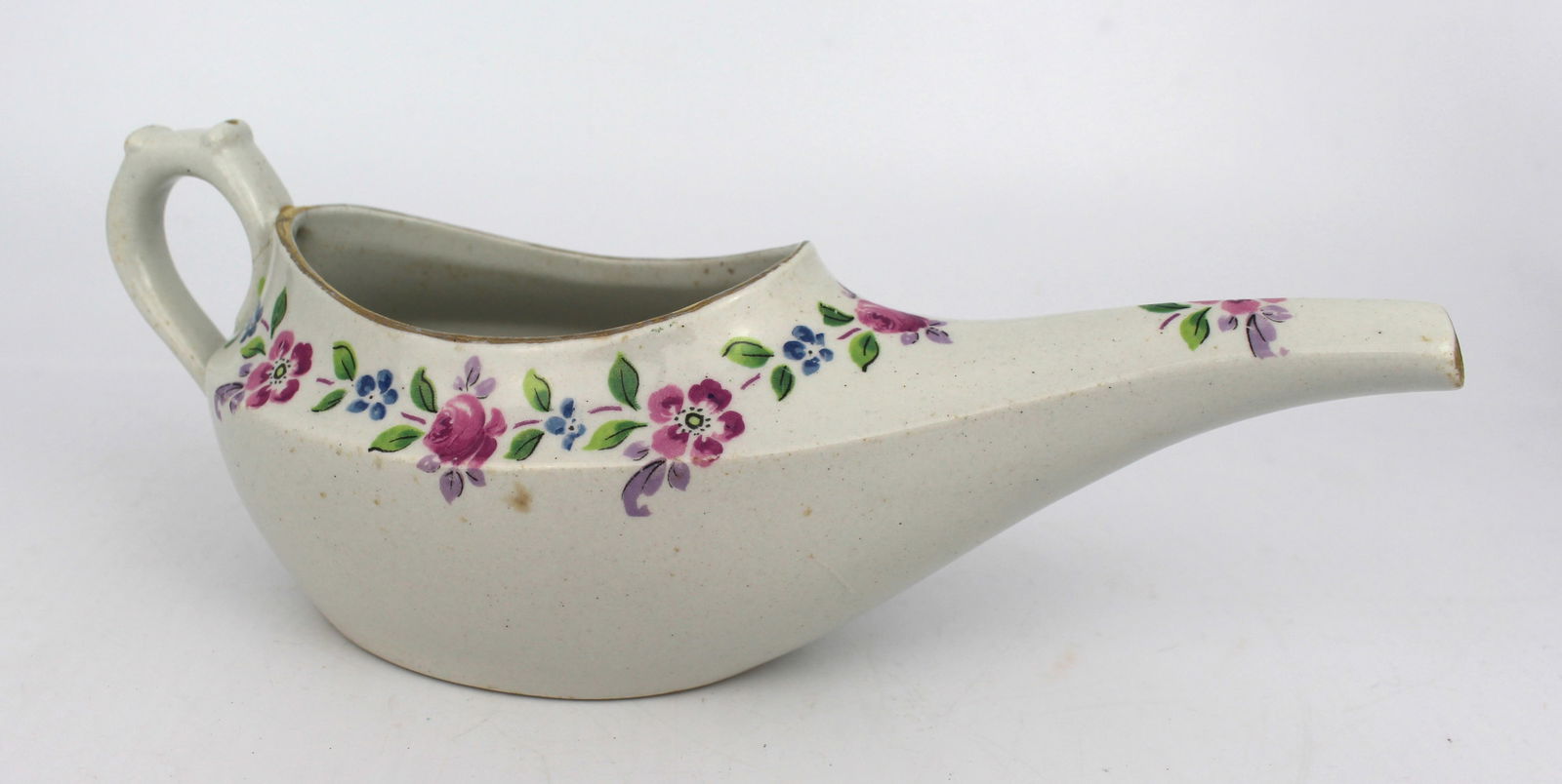 Victorian Chatsworth Infant Feeder: Title: Victorian Chatsworth Infant Feeder Description: Victorian Chatsworth Infant Feeder Floral decoration, gilding to rim and spout Made in England to the underside, along with factory stamp