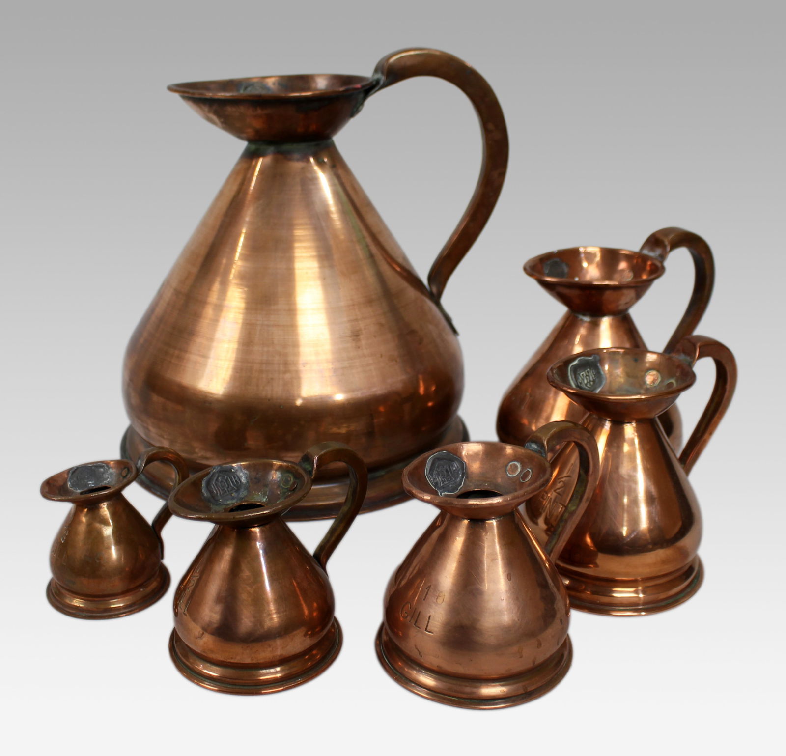 Set of 6 Antique Graduated Haystack Copper Jugs - 2