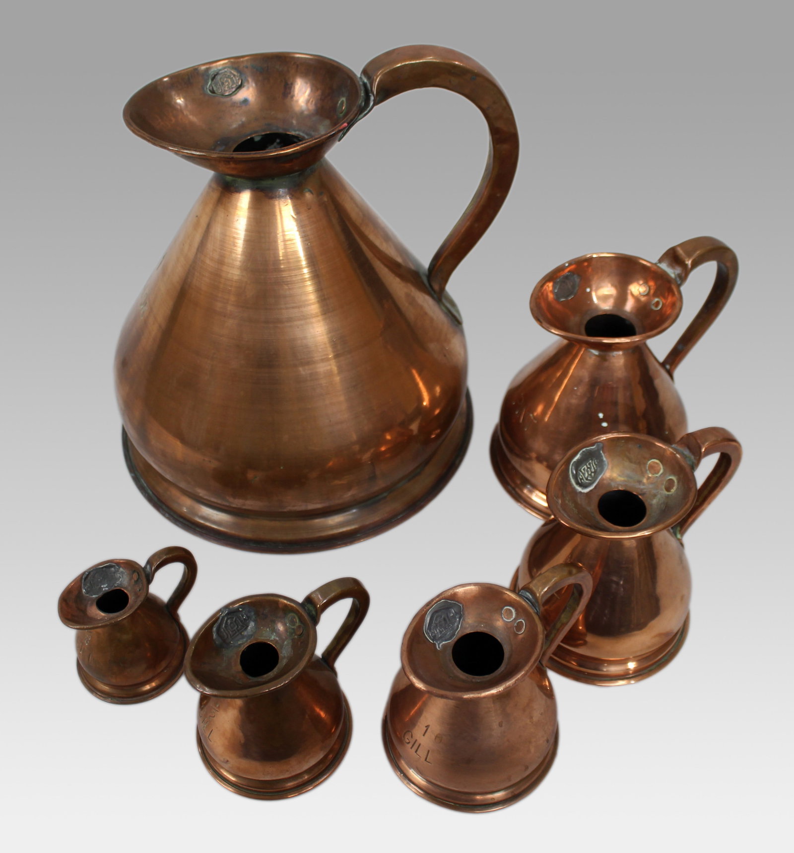 Set of 6 Antique Graduated Haystack Copper Jugs - 3