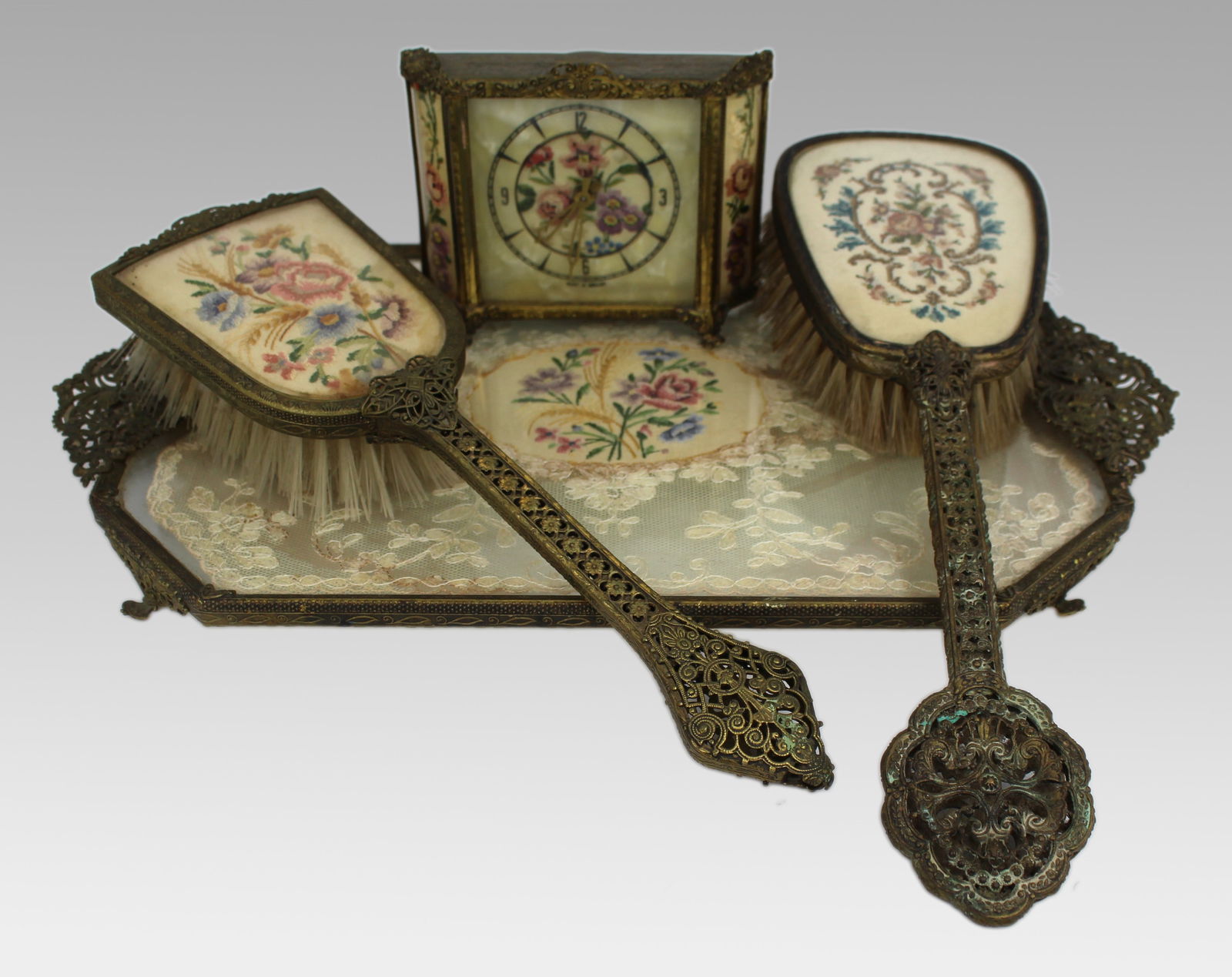 Vintage Petit Point Dressing Table Set: Title: Vintage Petit Point Dressing Table Set Description: 1950s English Petit Point Four-Piece Dressing Table Set A charming 1950s English dressing table set of four pieces: tray, two brushes,