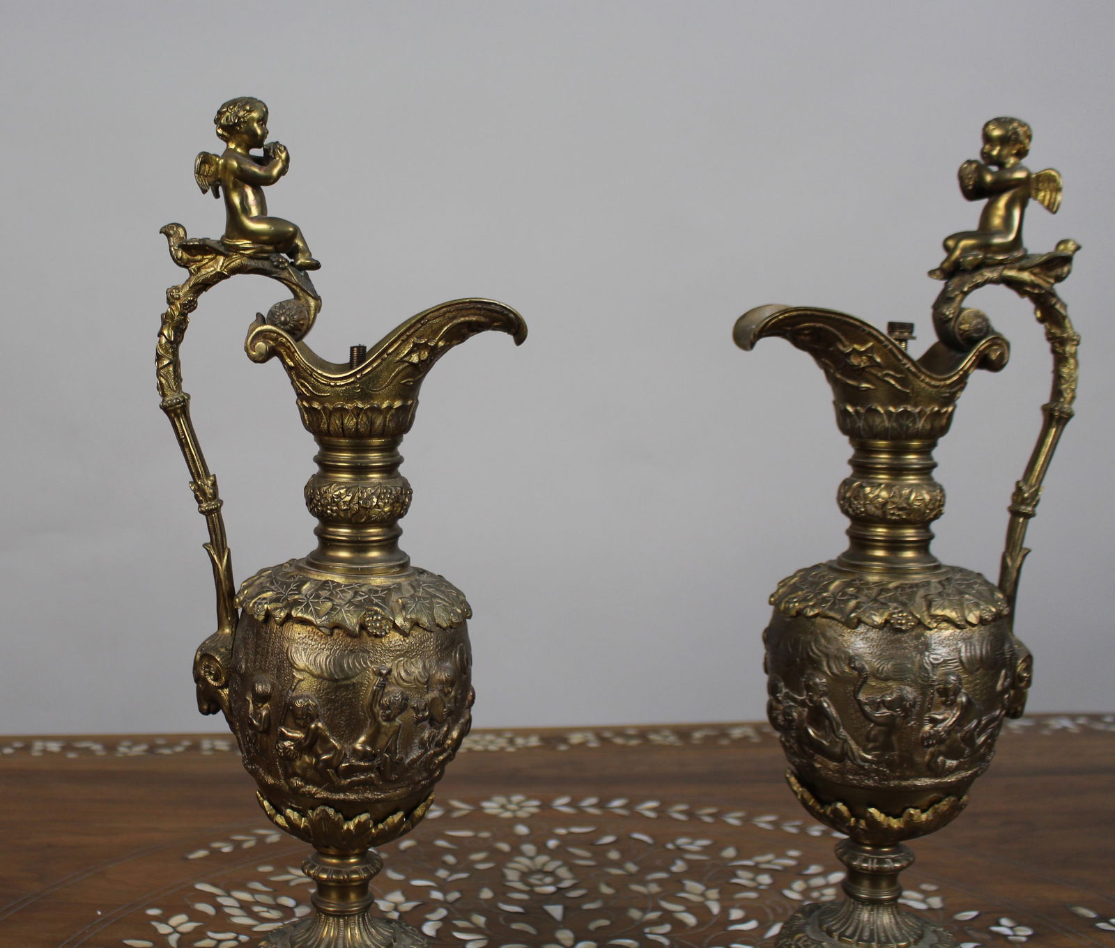 Pair of 19th Century French Gilt Bronze Bacchanalian Ewers with Cherubs - 2