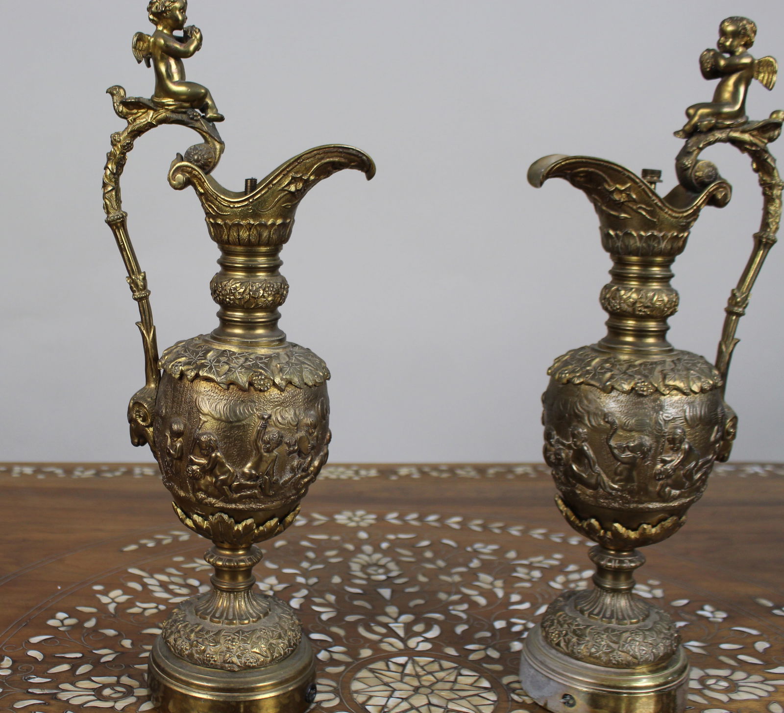Pair of 19th Century French Gilt Bronze Bacchanalian Ewers with Cherubs - 3