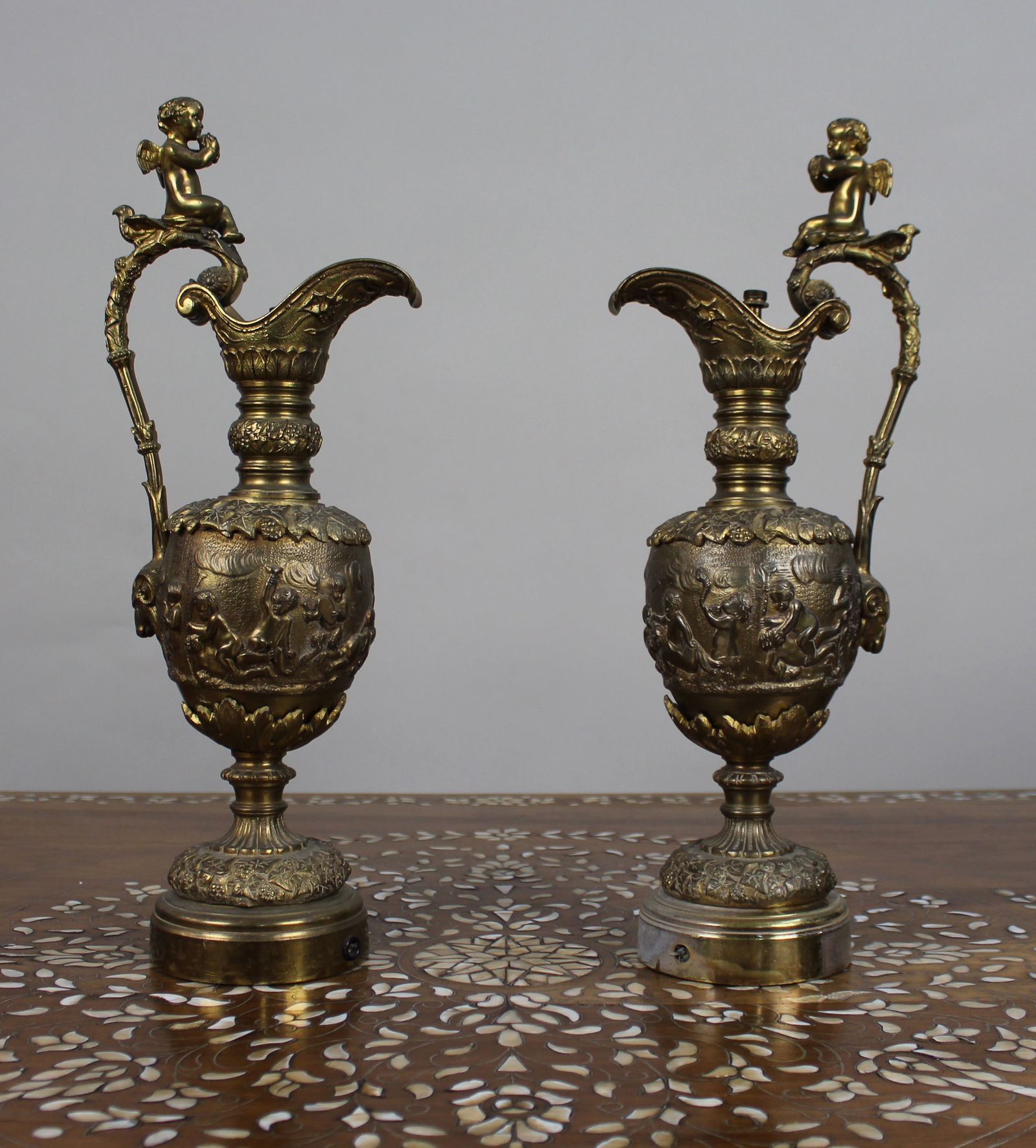 Pair of 19th Century French Gilt Bronze Bacchanalian Ewers with Cherubs - 4