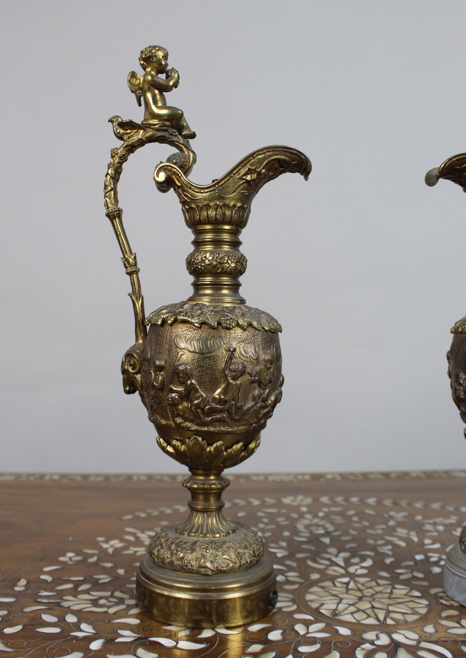 Pair of 19th Century French Gilt Bronze Bacchanalian Ewers with Cherubs - 5