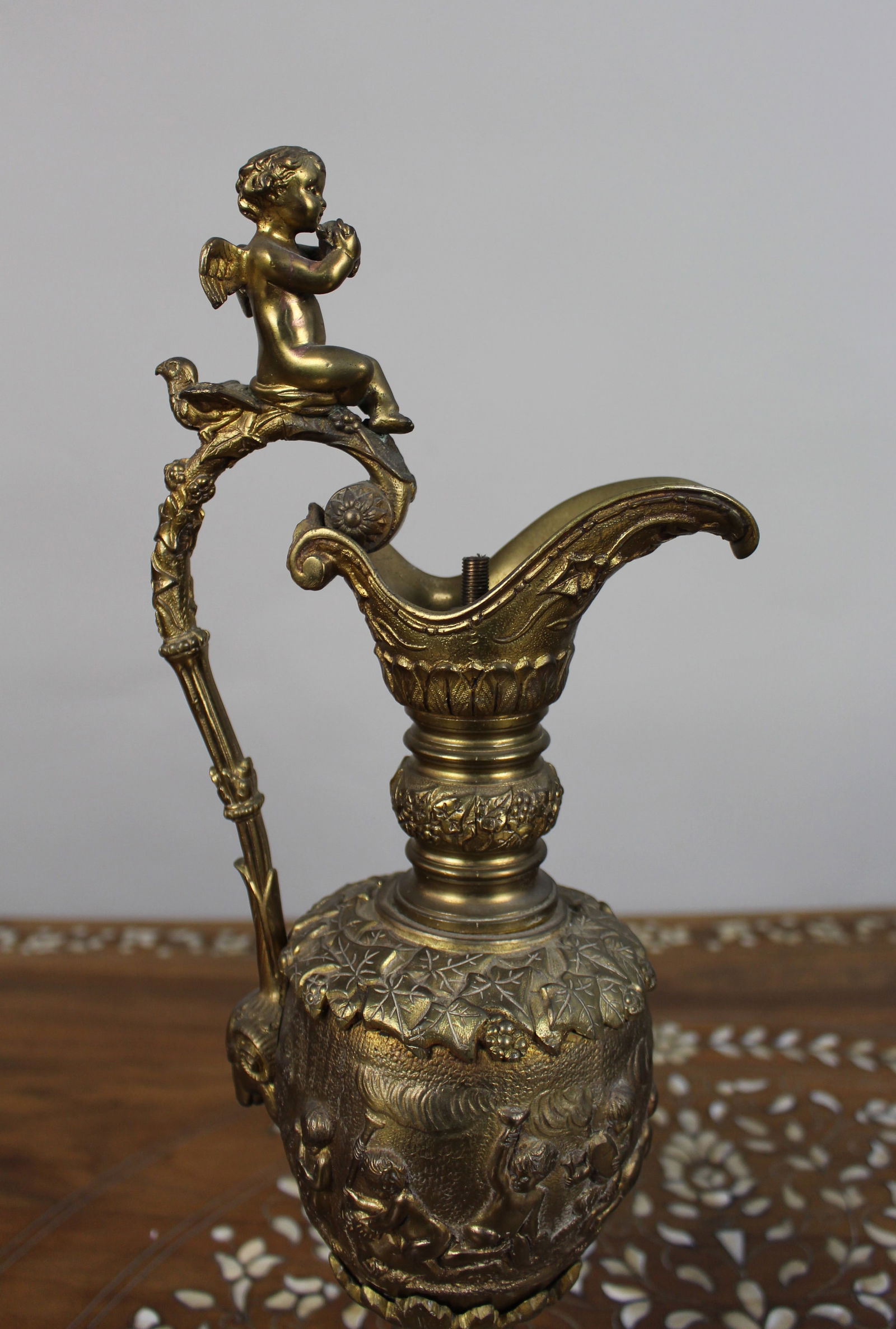 Pair of 19th Century French Gilt Bronze Bacchanalian Ewers with Cherubs - 6