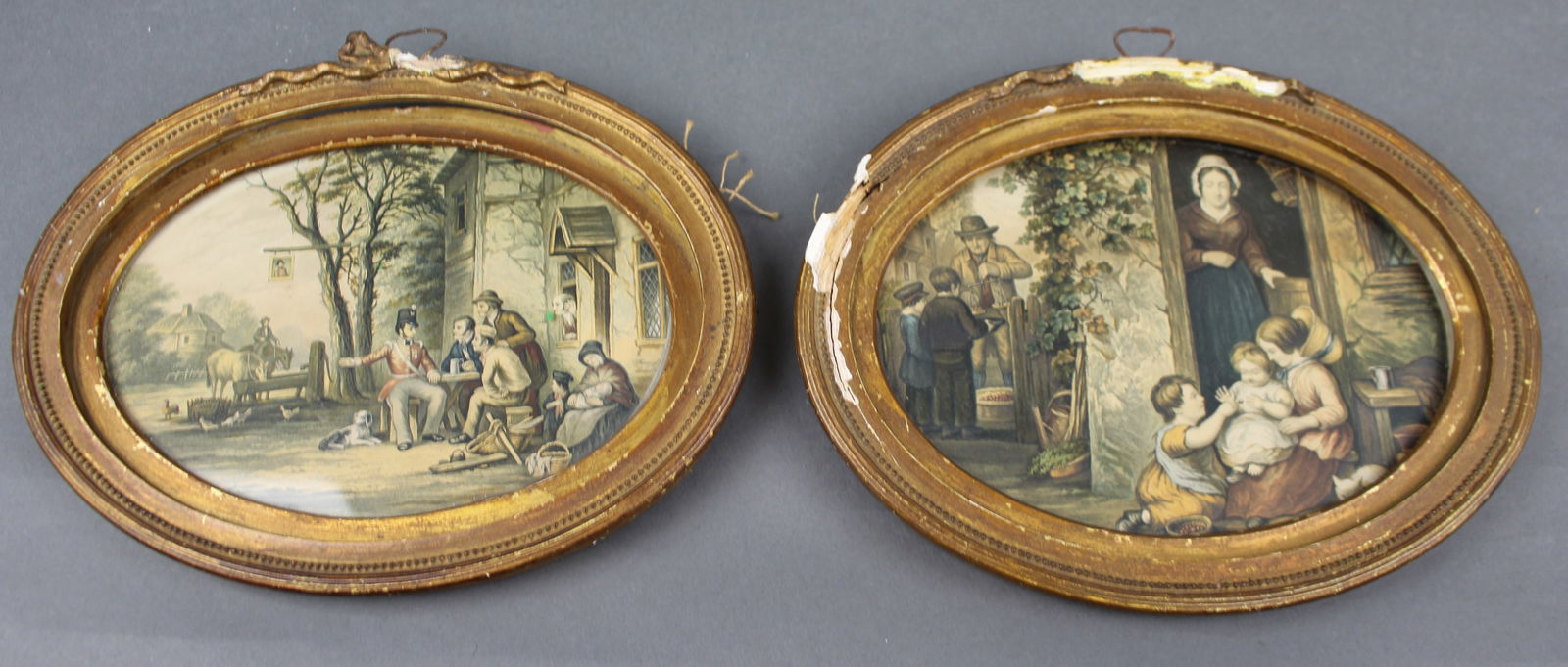 Pair of 19th Century Hand Coloured Rural Genre Prints in Oval Gilt Frames: Title: Pair of 19th Century Hand Coloured Rural Genre Prints in Oval Gilt Frames Description: Pair of 19th Century Hand Coloured Rural Genre Prints in Oval Gilt Frames A pair of hand coloured