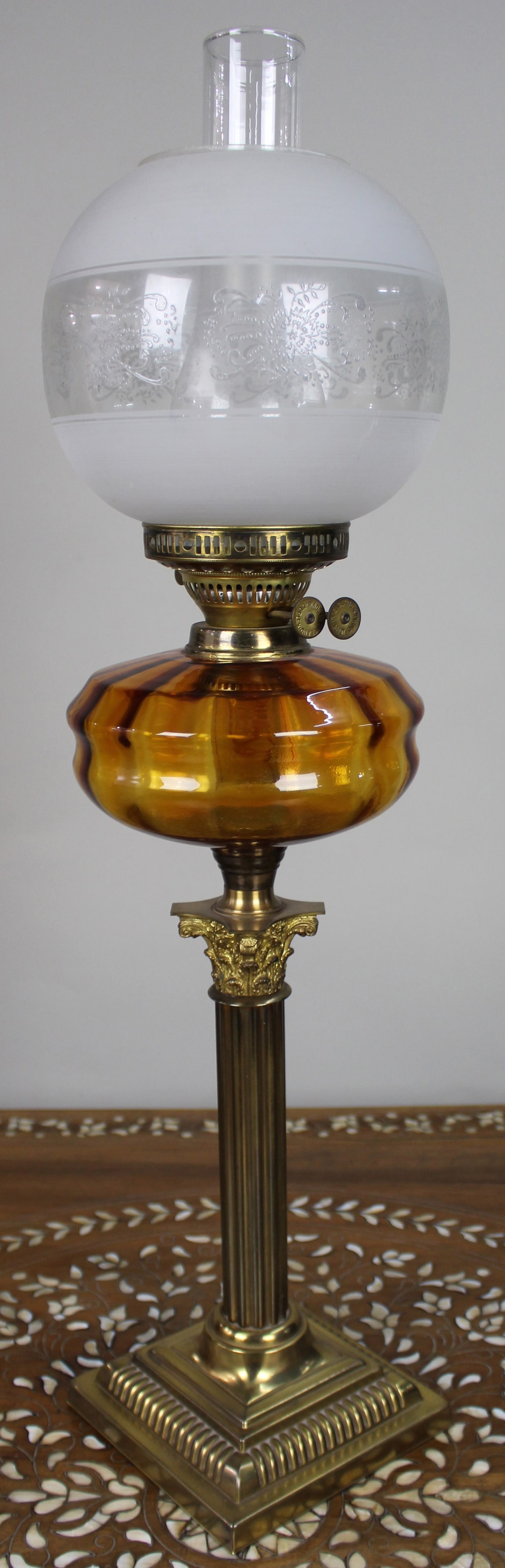 Victorian Brass Oil Lamp with Amber Glass Font - 4