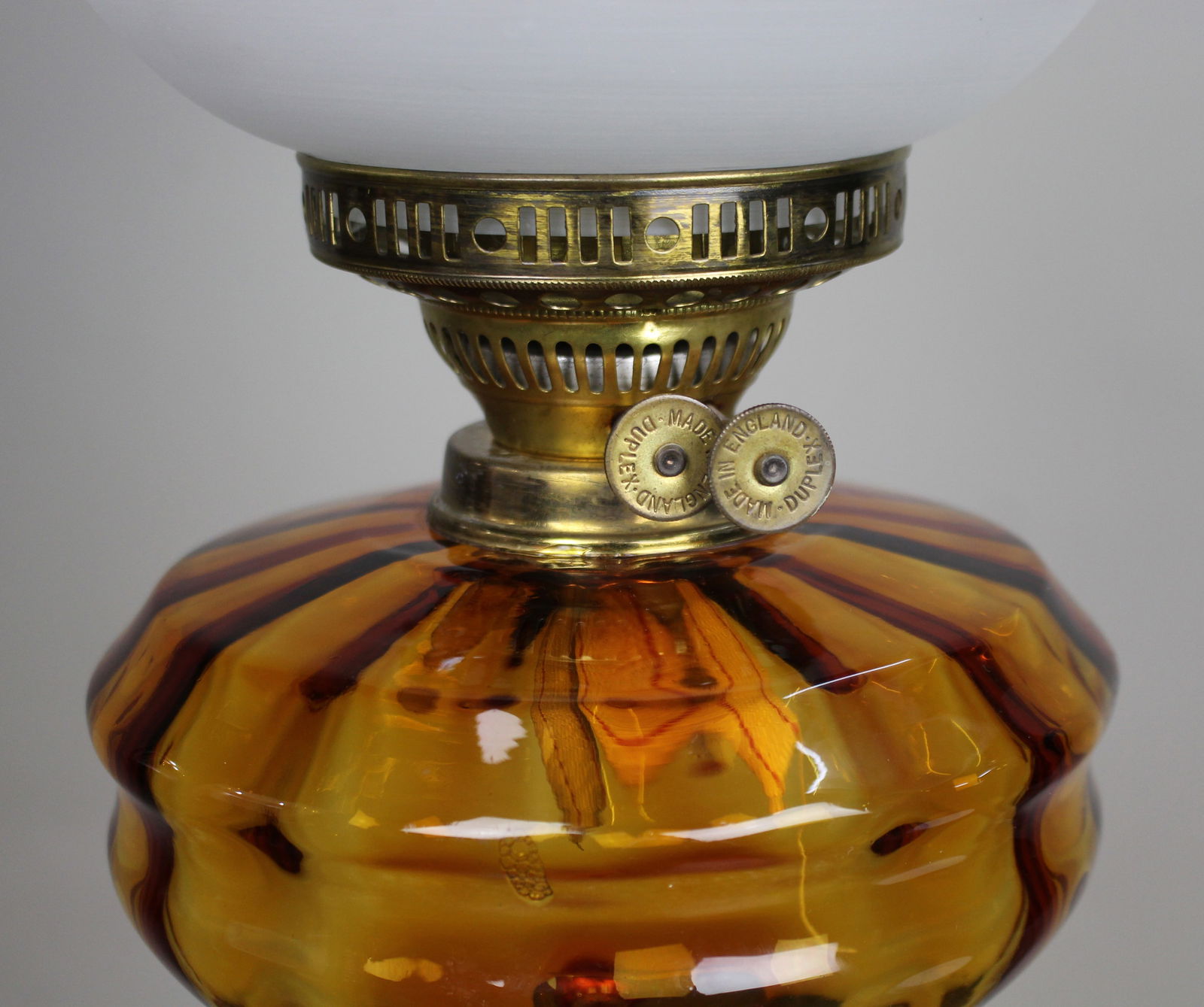 Victorian Brass Oil Lamp with Amber Glass Font - 8