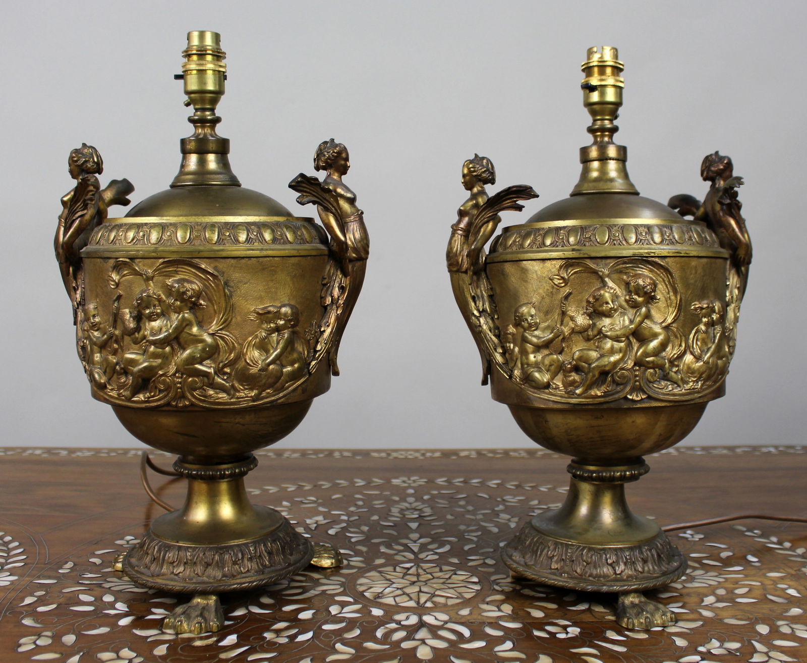 Pair of French Gilt Bronze Urn Lamps with Putti Reliefs, circa 1900 (1 of 11)