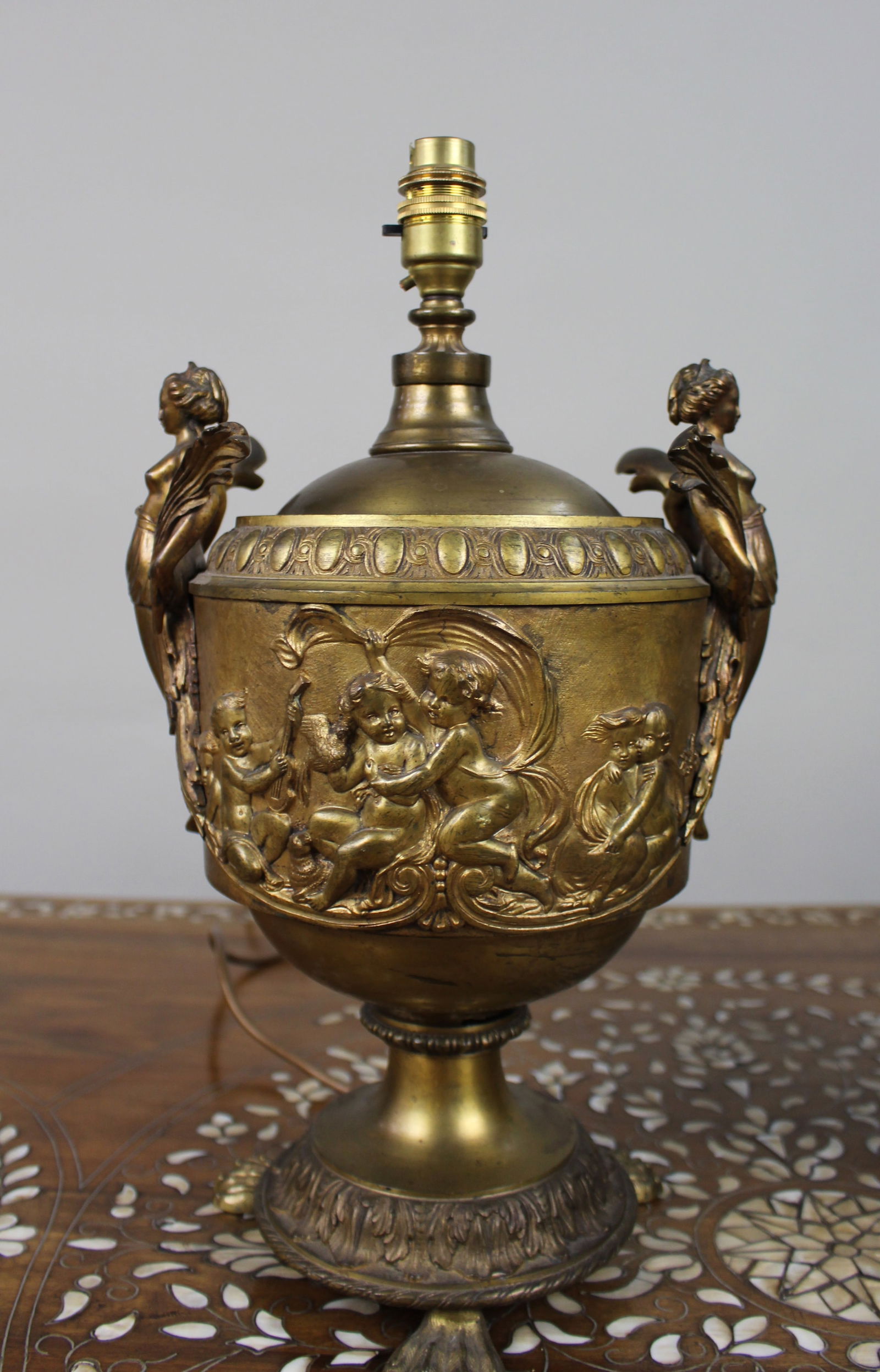 Pair of French Gilt Bronze Urn Lamps with Putti Reliefs, circa 1900 - 3