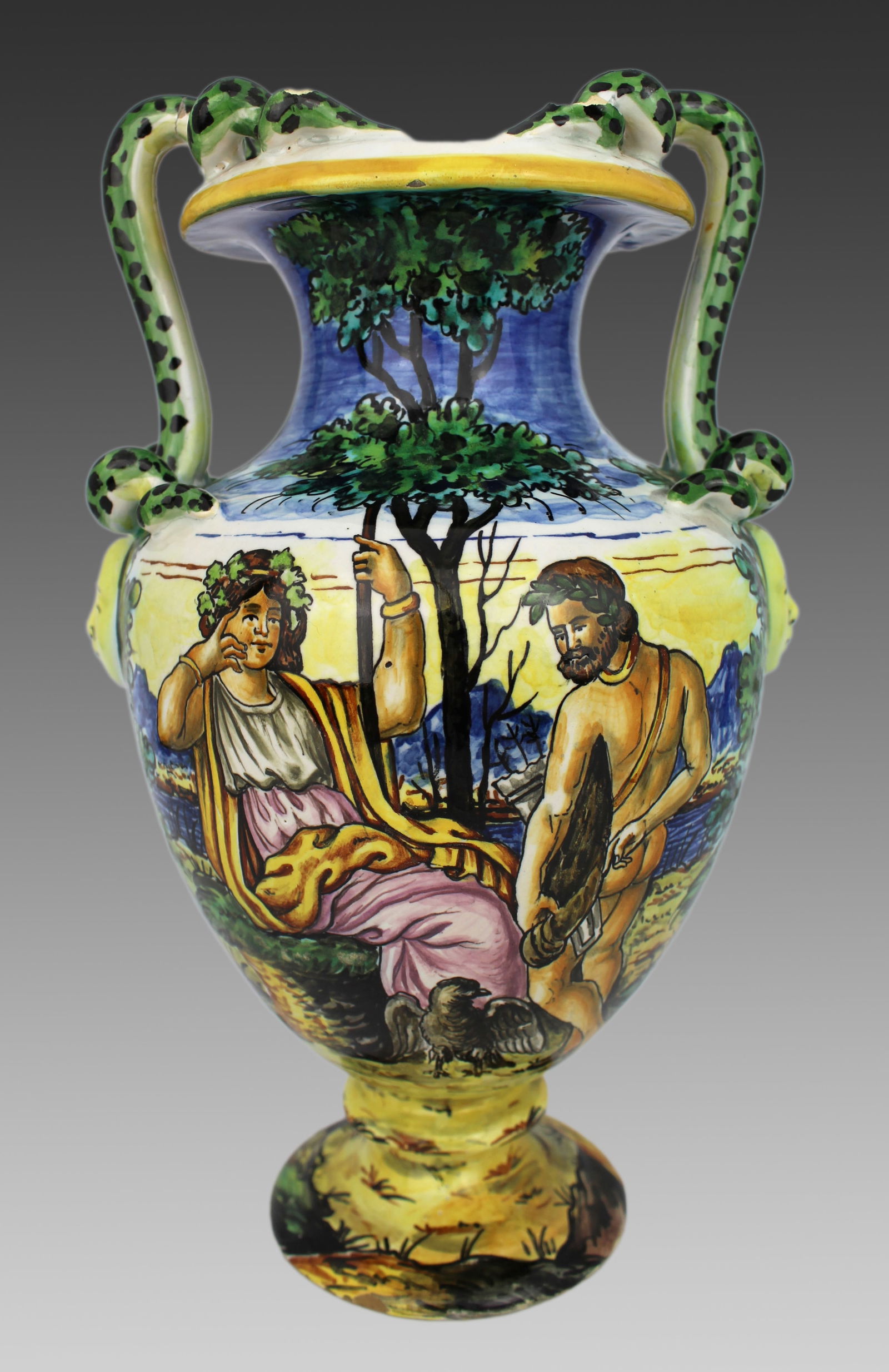 Hand-Painted Italian Majolica Two-Handled Vase with Serpent Handles c.1900: Title: Hand-Painted Italian Majolica Two-Handled Vase with Serpent Handles c.1900 Description: Hand-Painted Italian Majolica Two-Handled Vase with Serpent Handles c.1900 A richly decorative