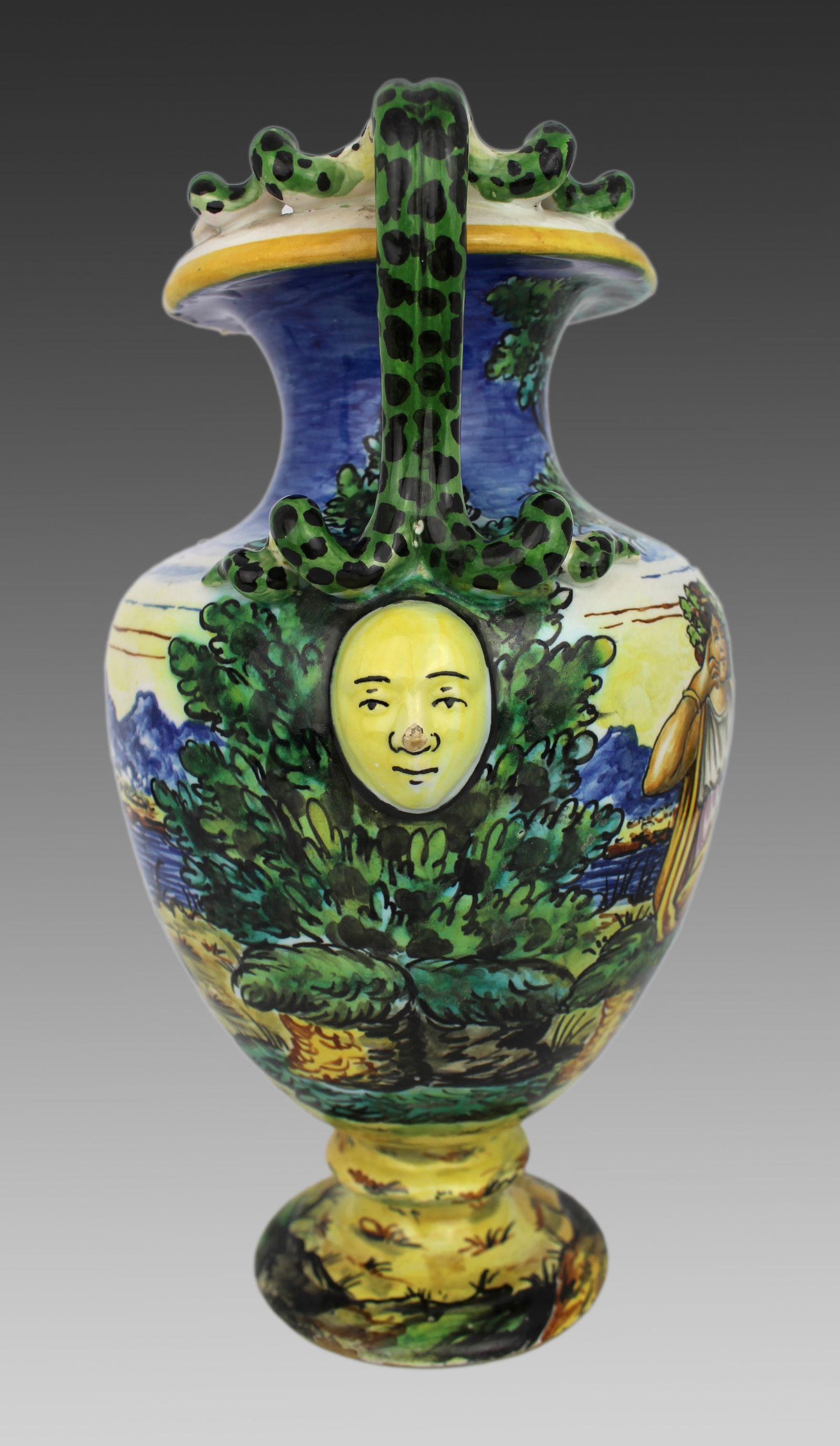 Hand-Painted Italian Majolica Two-Handled Vase with Serpent Handles c.1900 - 2