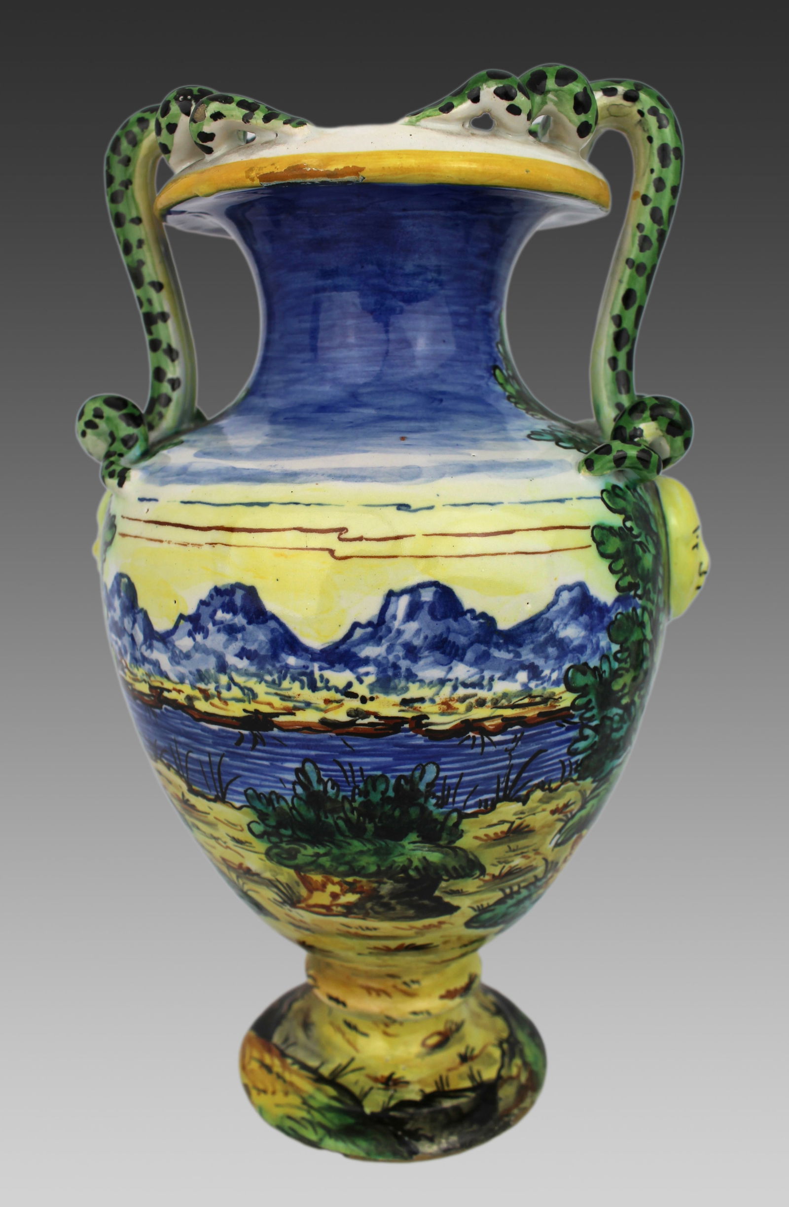 Hand-Painted Italian Majolica Two-Handled Vase with Serpent Handles c.1900 - 3