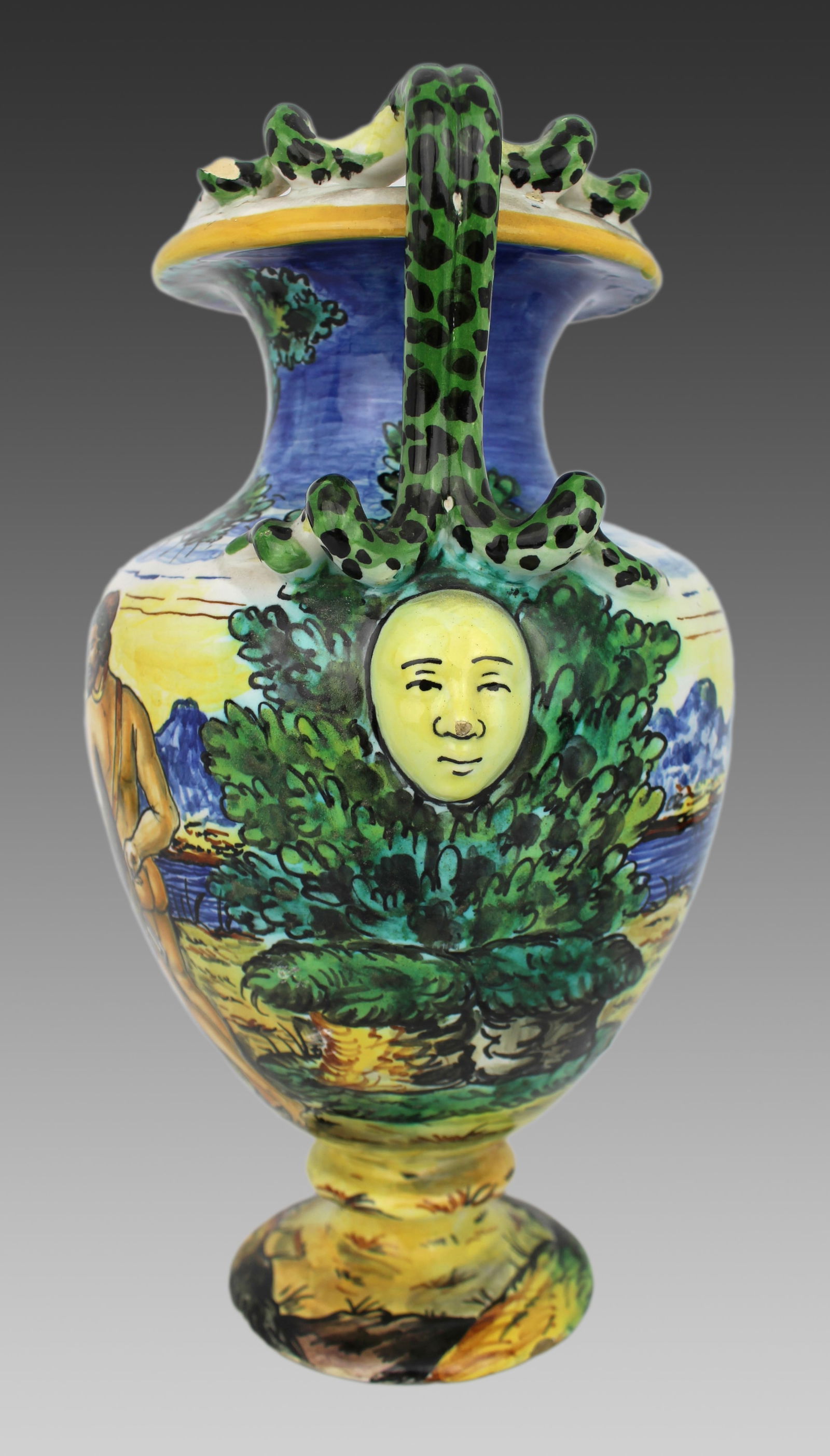 Hand-Painted Italian Majolica Two-Handled Vase with Serpent Handles c.1900 - 4