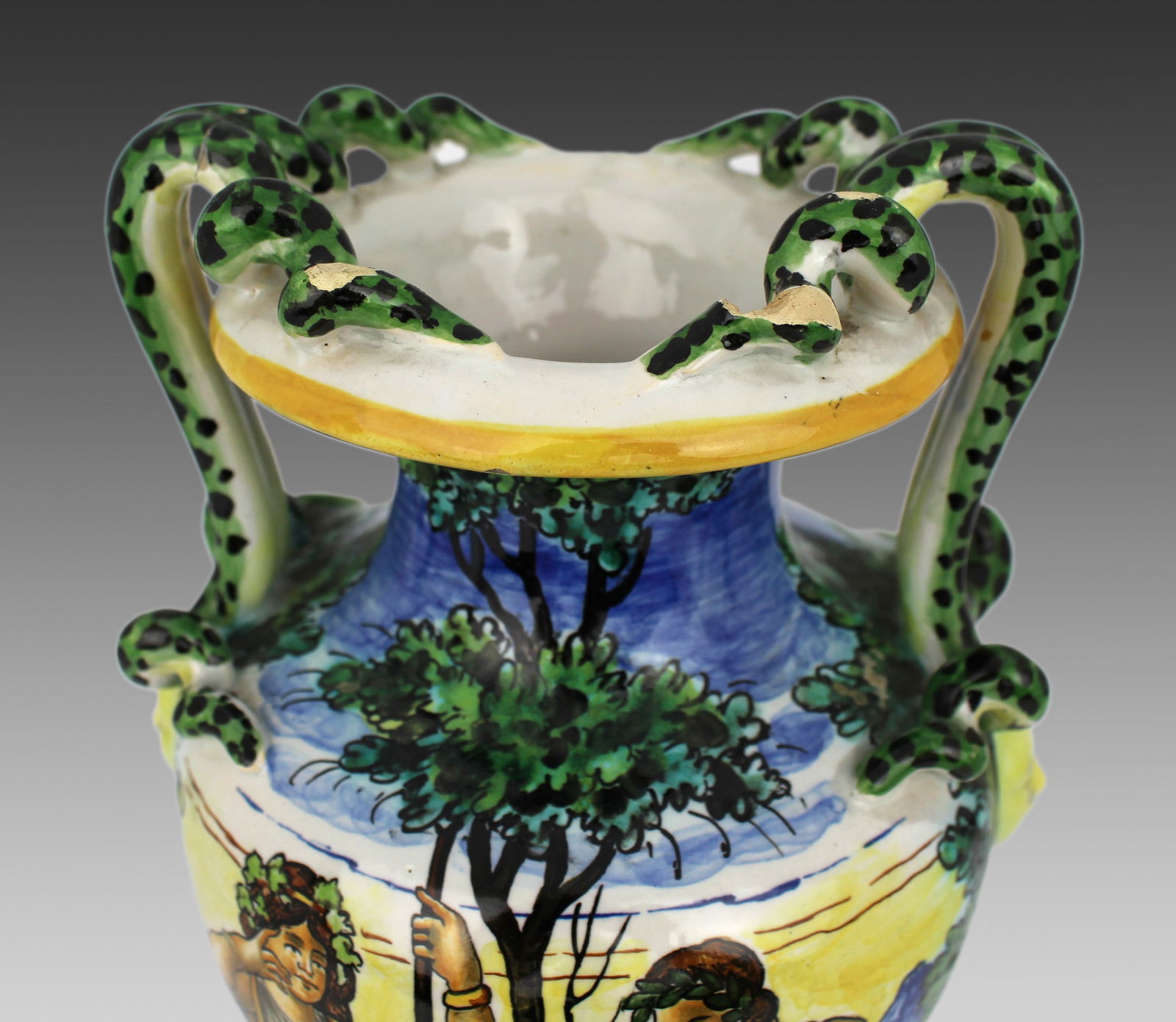 Hand-Painted Italian Majolica Two-Handled Vase with Serpent Handles c.1900 - 5