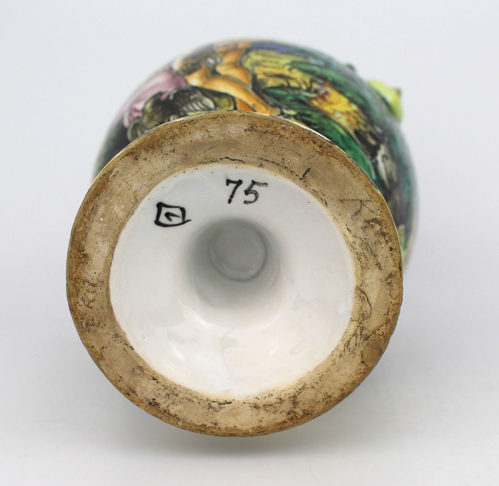 Hand-Painted Italian Majolica Two-Handled Vase with Serpent Handles c.1900 - 6