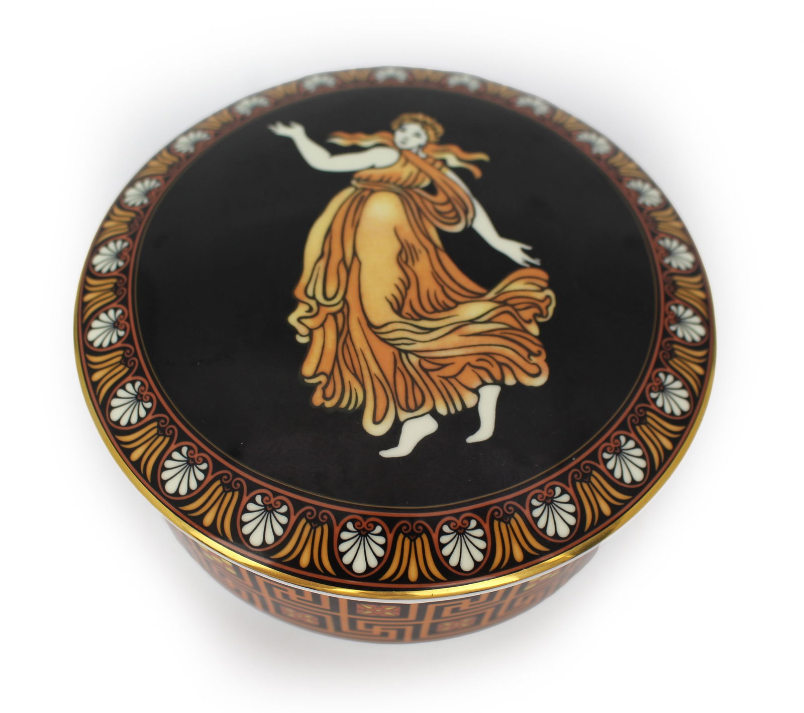 Wedgwood Bone China Etruscan Dance Round Lidded Box: Title: Wedgwood Bone China Etruscan Dance Round Lidded Box Description: Wedgwood Bone China Etruscan Dance Round Lidded Box Late 20th century, made in England Fully factory stamp to underside 