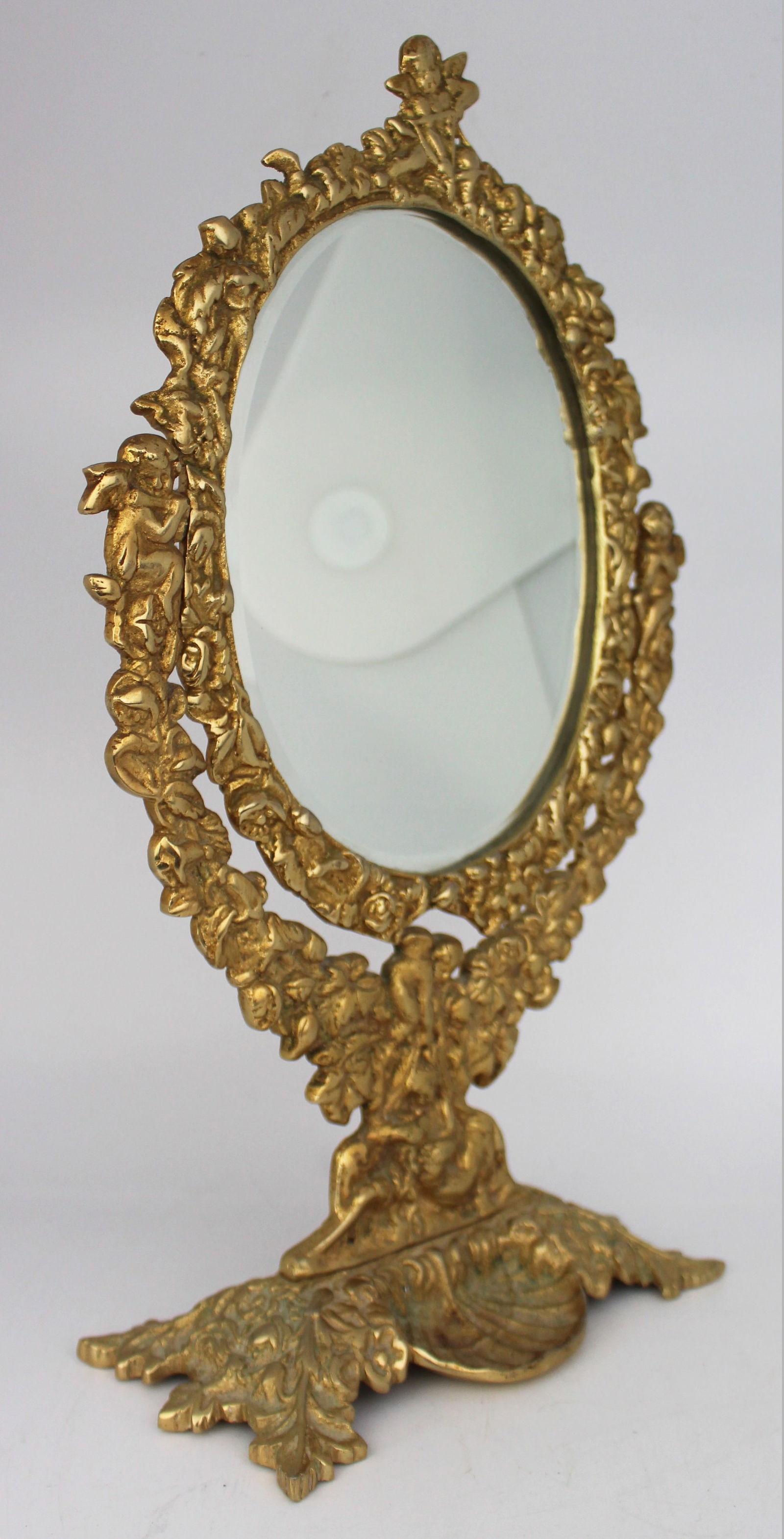 Ornate Vintage Brass Cherub Vanity Table Mirror - 2